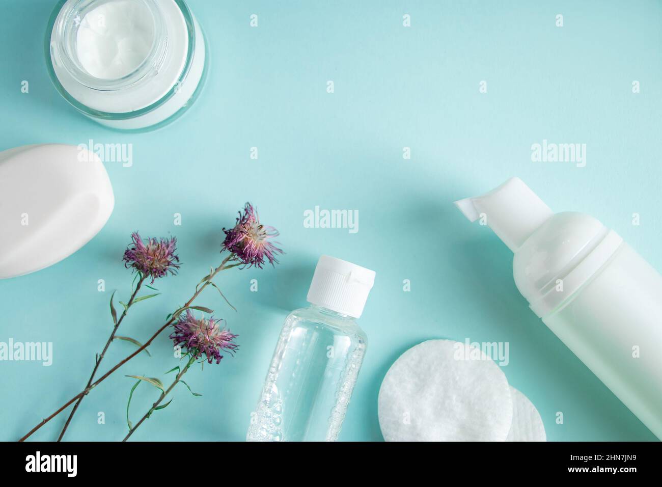 Prodotti cosmetici e fiori secchi su sfondo blu. Panna, lozione, sapone e tamponi di cotone. Cosmetici naturali a base di erbe. Cura della pelle, concetto di benessere. COP Foto Stock