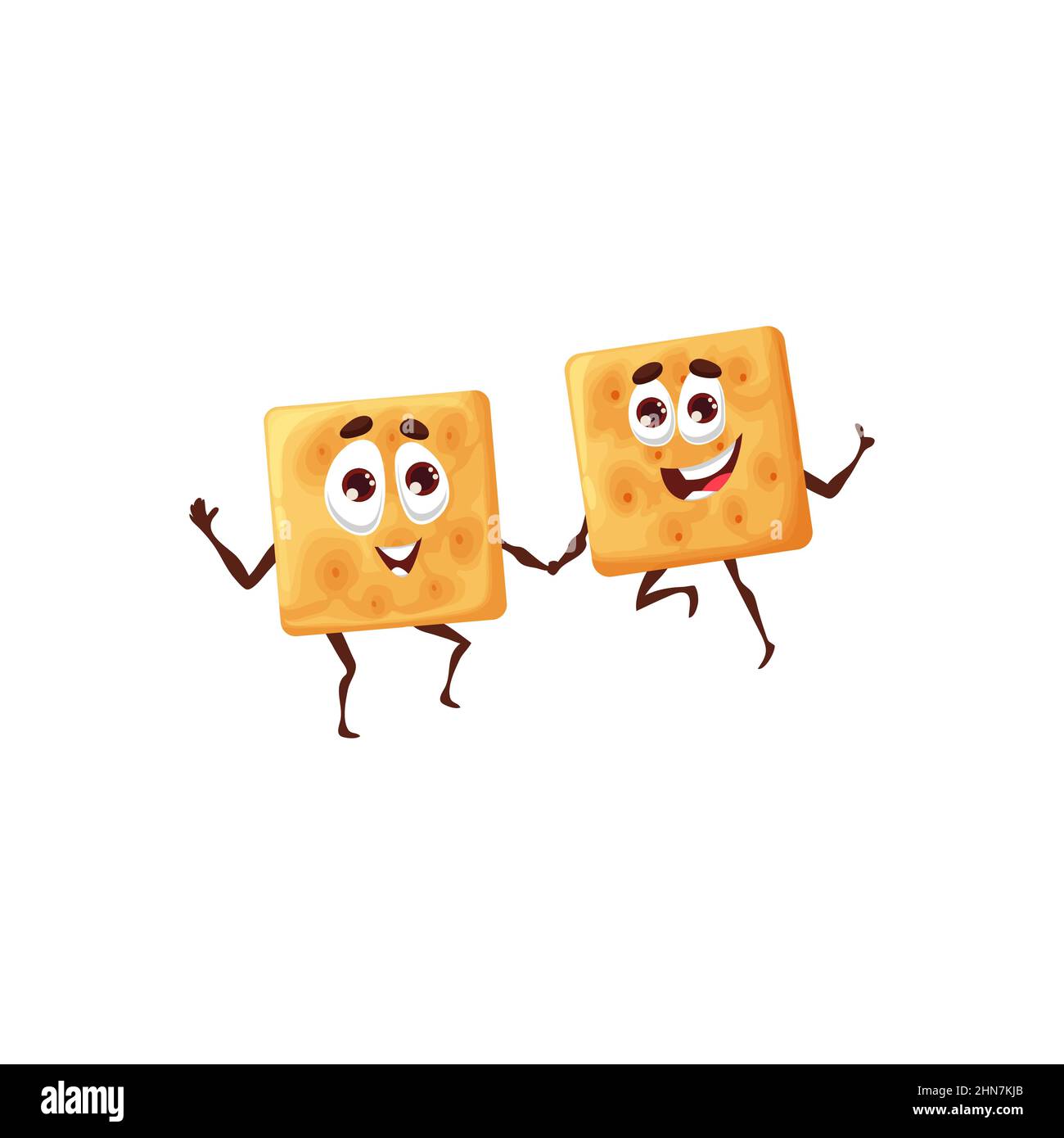 Cracker cartoon gemelli o biscotti biscotto, vettore cibo cute snack. Amici dei cracker quadrati, personaggi divertenti che saltano e tengono le mani in amicizia Illustrazione Vettoriale