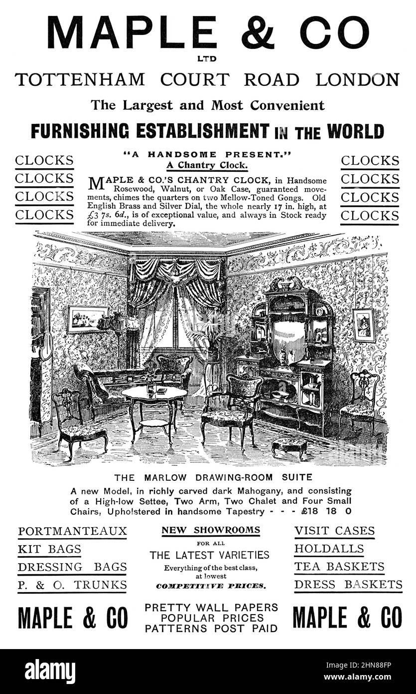 1895 Pubblicità britannica per Maple and Co, un negozio di mobili a Tottenham Court Road, Londra, Inghilterra. Foto Stock