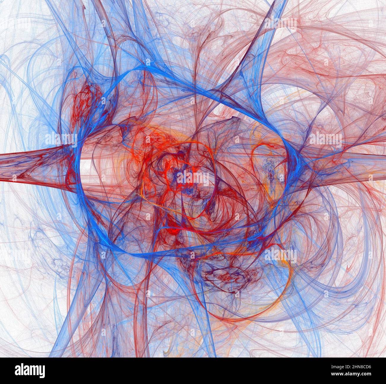 Fili rossi e blu disposti in cerchi intorno al centro. Sfondo bianco Foto Stock