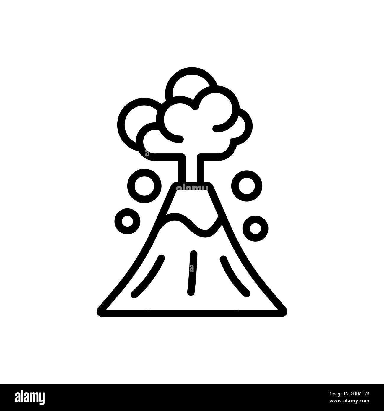 Icona del vulcano. Eruzione vulcanica. Montagna con fontana di lava, nubi di cenere vulcanica, fuoco e fumo. Vettore su sfondo bianco isolato. EPS 10. Illustrazione Vettoriale