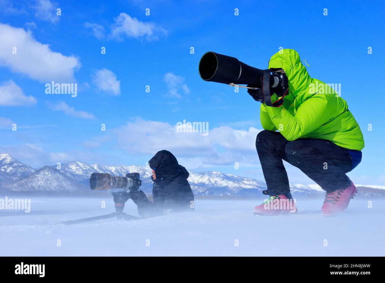 Fotografia invernale, uomo sulla neve con macchina fotografica. Lago di neve con ghiaccio in Giappone. Whooper Swans, Cygnus cygnus, uccelli nell'habitat naturale, Lago di Kusharo, Foto Stock