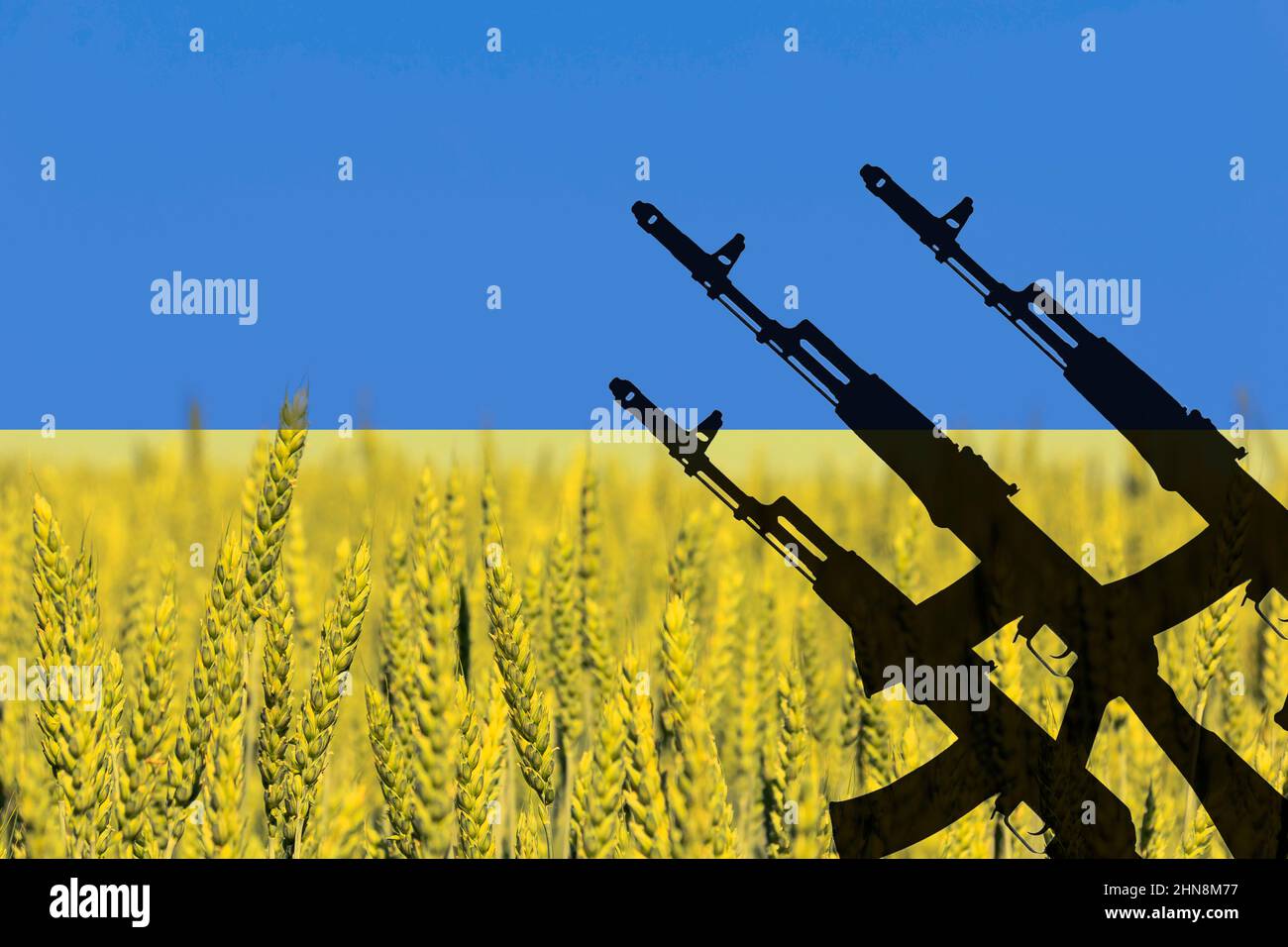 Sfondo tonico della bandiera dell'Ucraina con la sagoma di un fucile d'assalto AK-74 Kalashnikov contro un campo di grano con il cielo Foto Stock