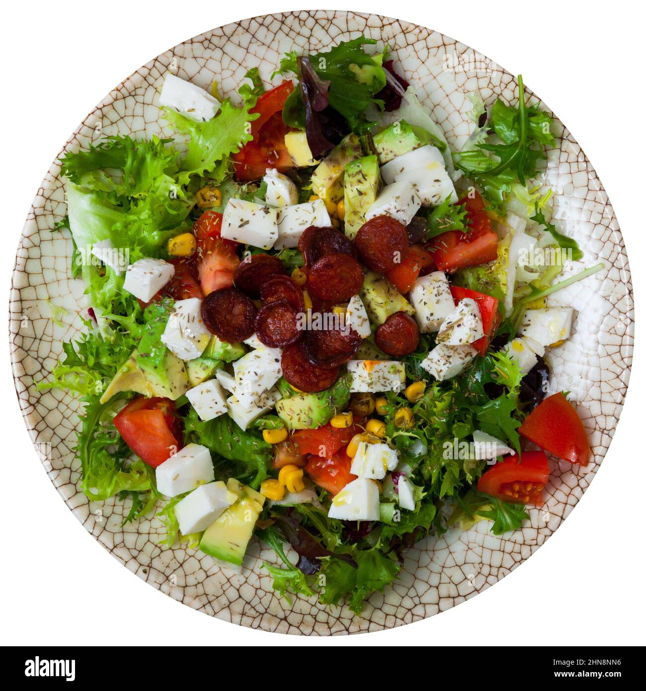 Insalata di verdure fresche con mozzarella e salsicce Foto Stock