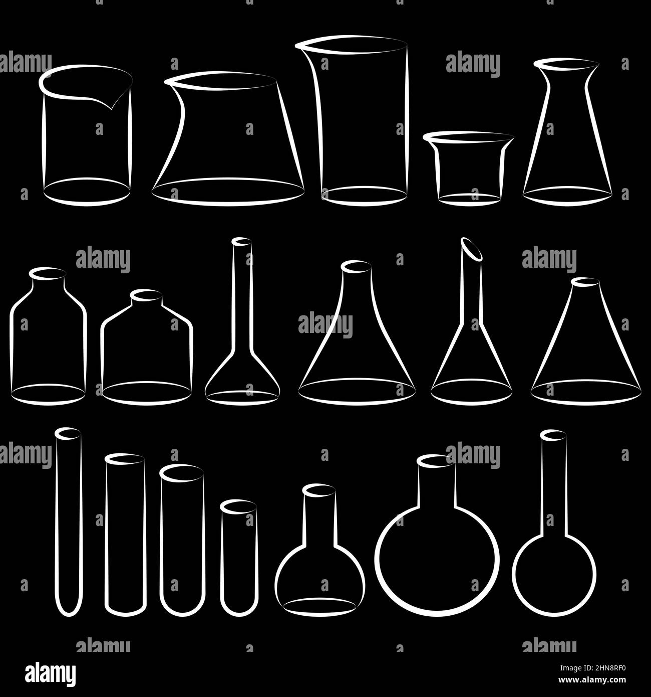 Set di diverse dimensioni, forme e tipi di icone vettoriali per provette chimiche set di illustrazioni minimaliste. Matracci chimici sperimentali per isolo scientifico Illustrazione Vettoriale