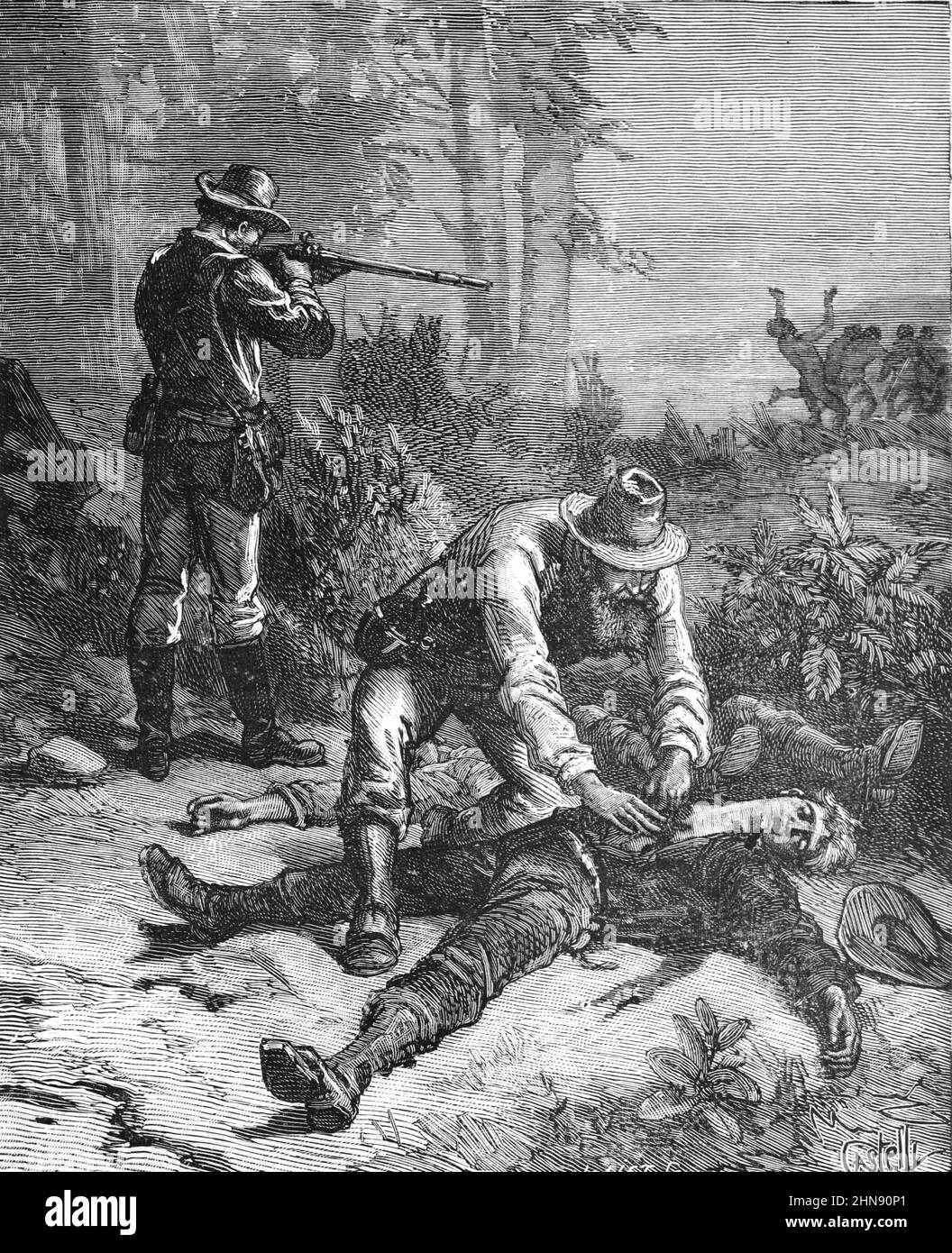 Lotta tra coloni bianchi o coloni europei e aborigeni in Australia. Annata Illustrazione o incisione 1882 (Castelli) Foto Stock