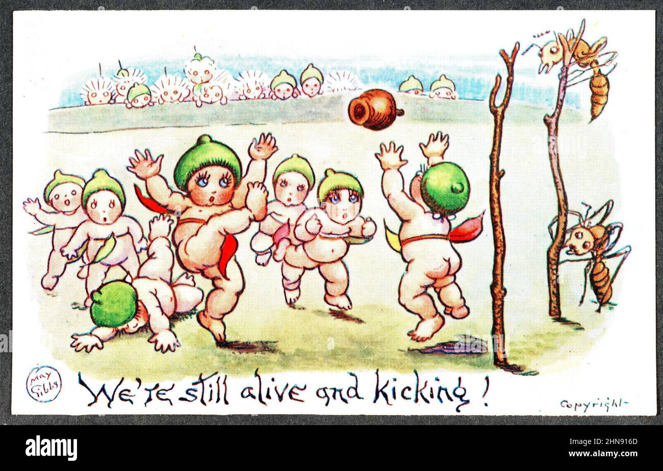 May Gibbs - We're Still Alive and Kicking - Aussie Rules Football - Gumnut Babies Sporting Series - c1916 Foto Stock