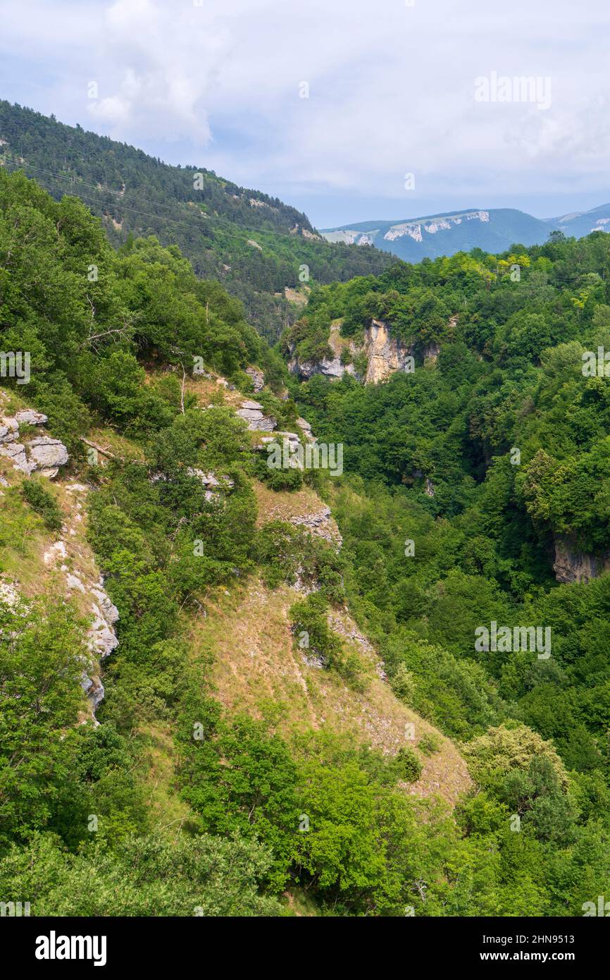 Vista sulla Valle del fiume Orta, Caramanico Terme, Abruzzo, Italia, Europa Foto Stock