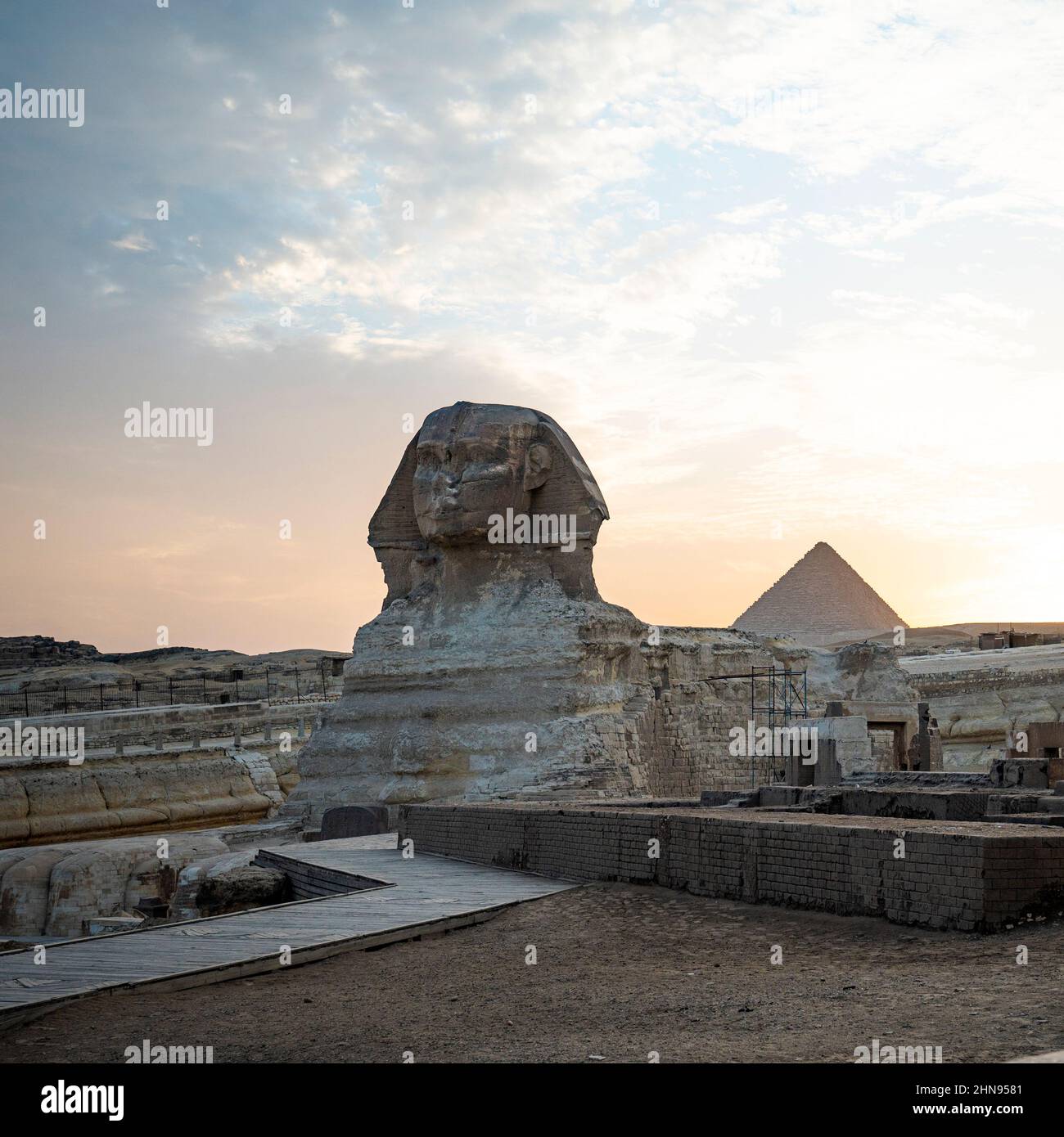 La Sfinge nella Piramide di Giza complesso al tramonto Foto Stock