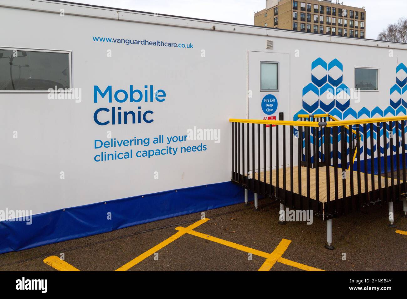Mobile Clinic edificio NHS temporaneo. Vanguard Health Care, ospedale di Ipswich, Suffolk, Inghilterra, Regno Unito Foto Stock