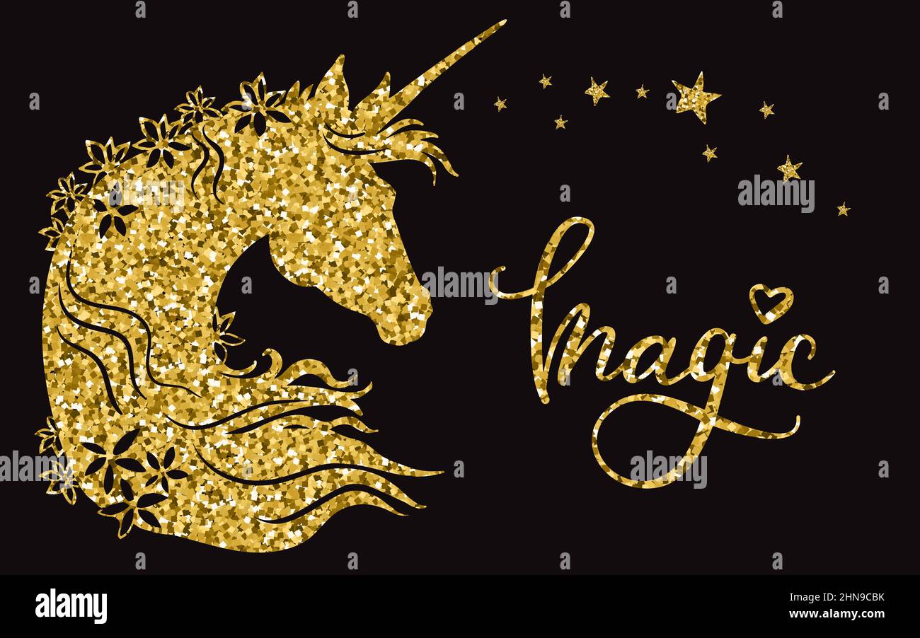 Testa unicorno scintillante dorata con fiori in mane e stelle su sfondo nero. Magic - citazione scritta. Poster, adesivi, stampa design e arredamento. VEC Illustrazione Vettoriale