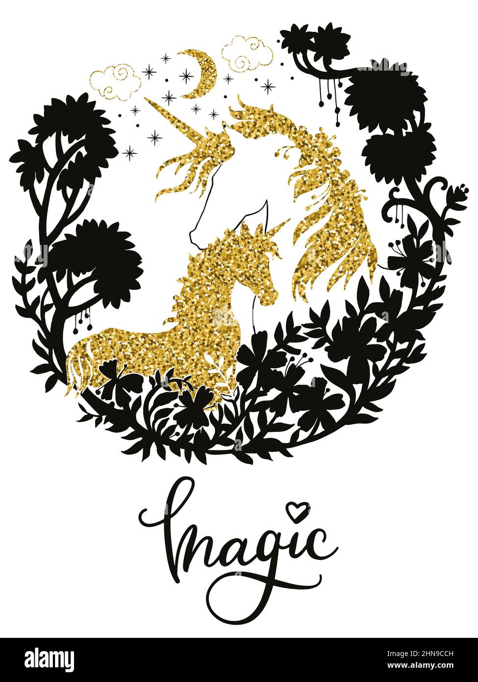 Unicorno dorato scintillante con volpe e foglie su sfondo bianco. Magia di unicorno - citazione scritta. Poster, adesivi, stampa design e arredamento. VECTO Illustrazione Vettoriale