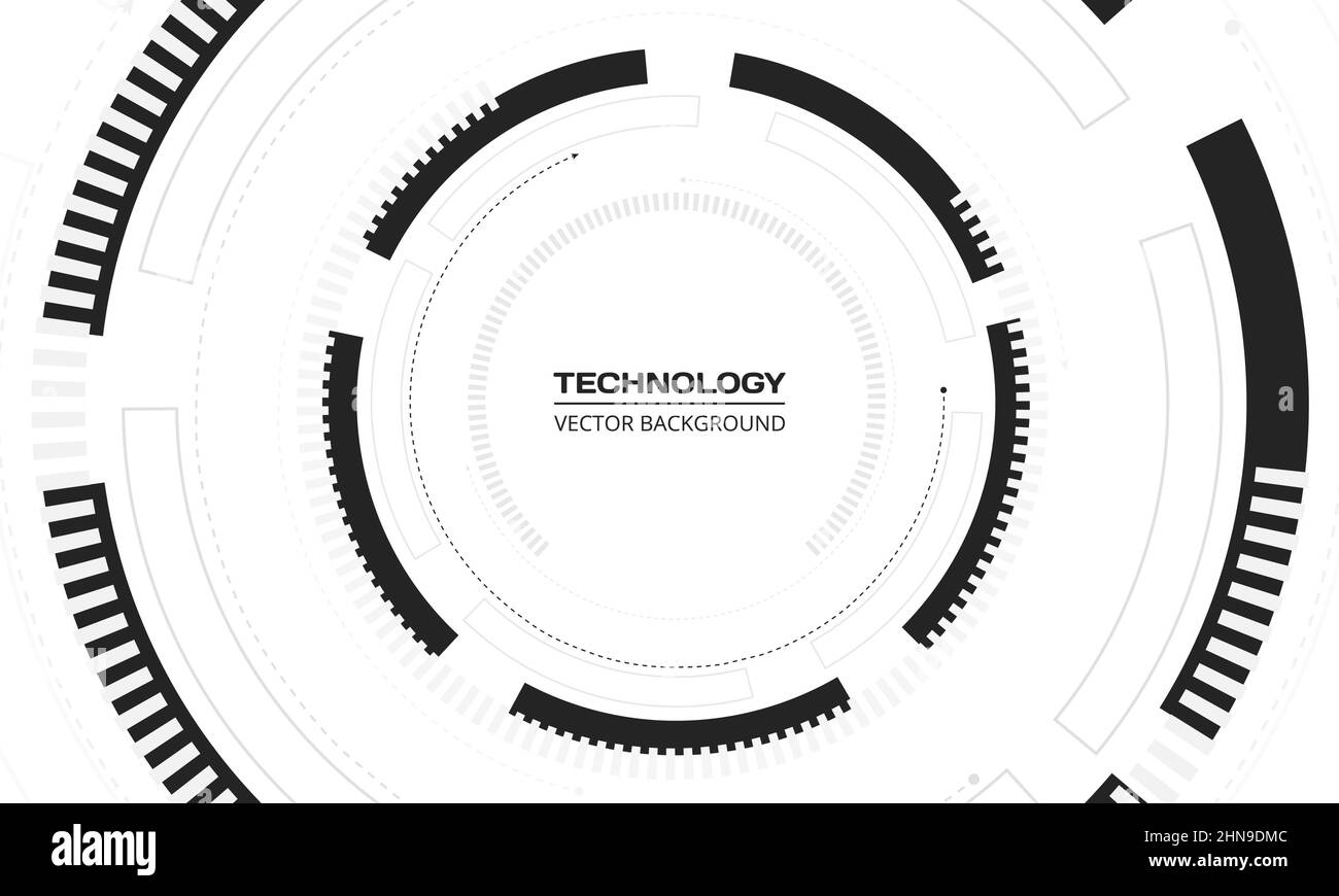 Sfondo bianco astratto dei dati digitali tecnologici con struttura circolare nera ed elementi tecnologici. Concetto di fondo dell'innovazione con futuristico Illustrazione Vettoriale