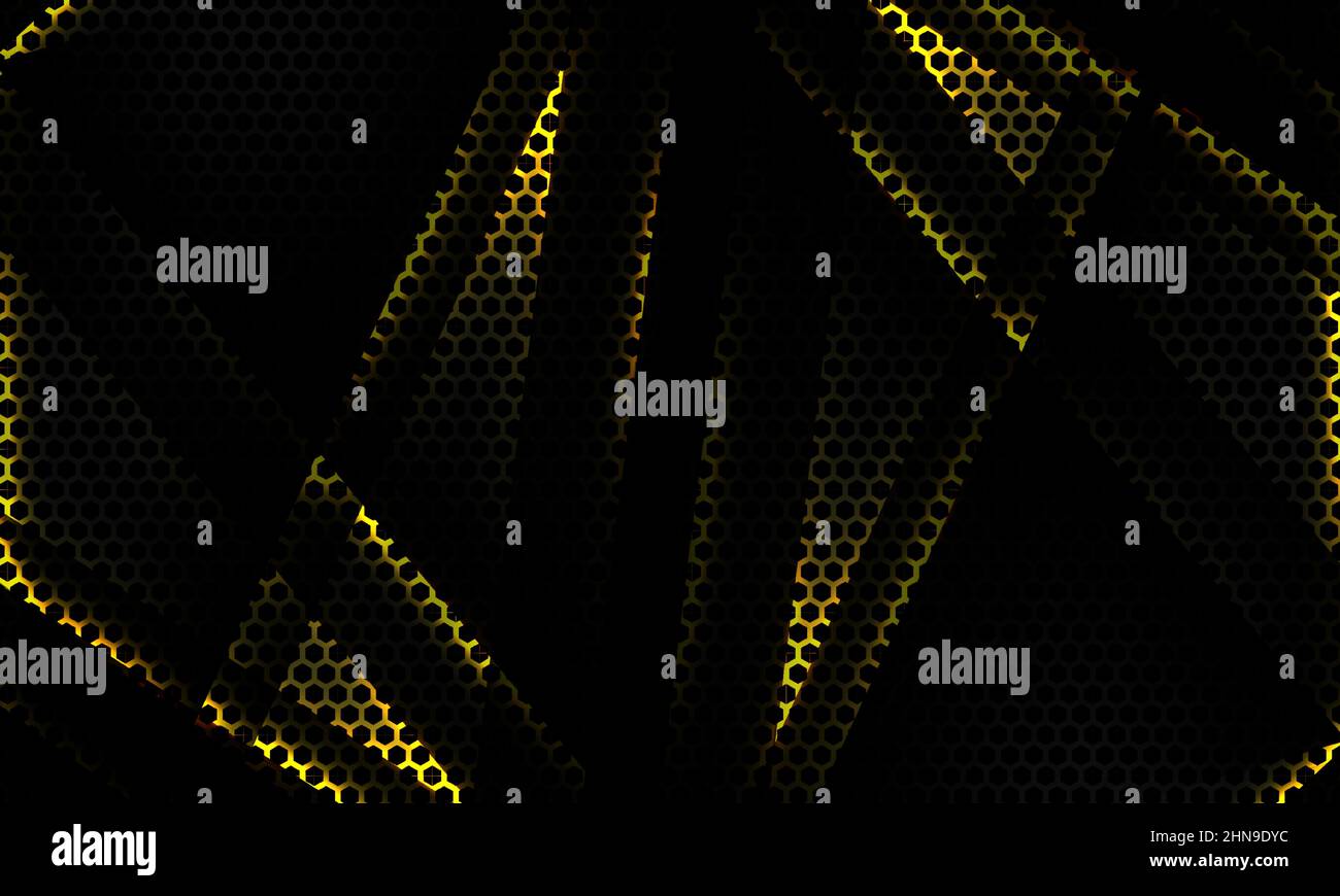 Nero esagonale in fibra di carbonio sport gioco sfondo tecnologico con linee gialle e oggetti ombra Illustrazione Vettoriale