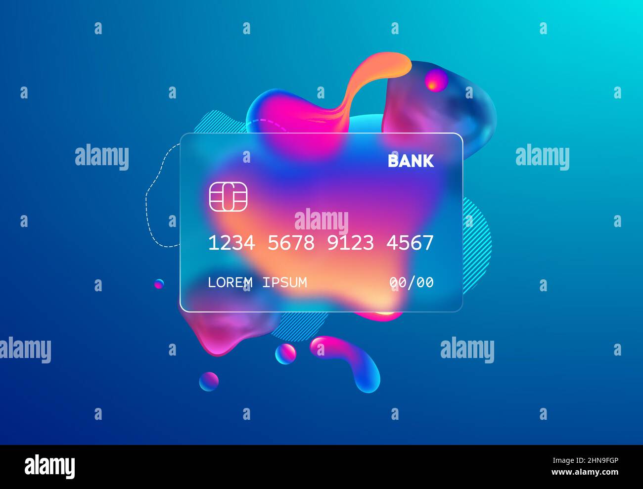 Vetro morfismo carta di credito modello. Rettangolo in plastica trasparente con effetto sfocato. Forme liquide morfismo arte astratta Illustrazione Vettoriale