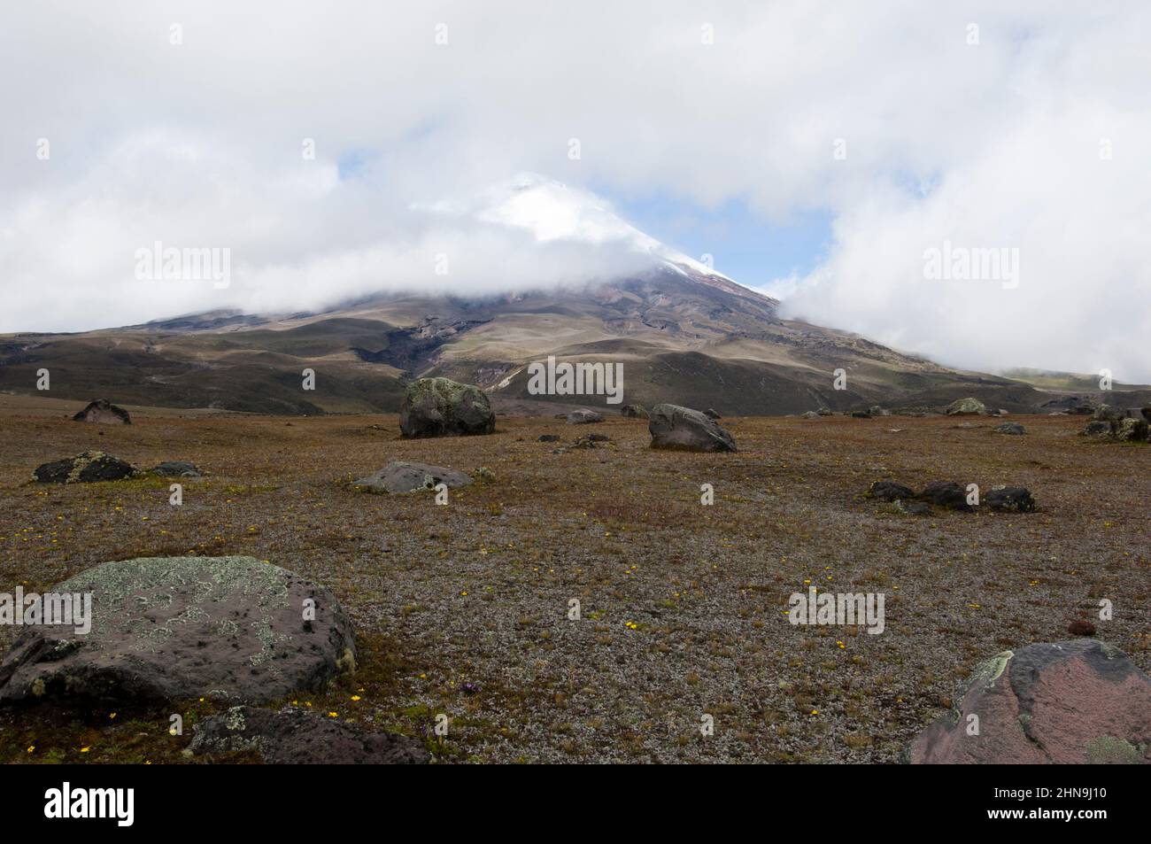 Vista sul vulcano Cotopaxi, con rocce vulcaniche in primo piano. Parco Nazionale Cotopaxi, Ecuador Foto Stock