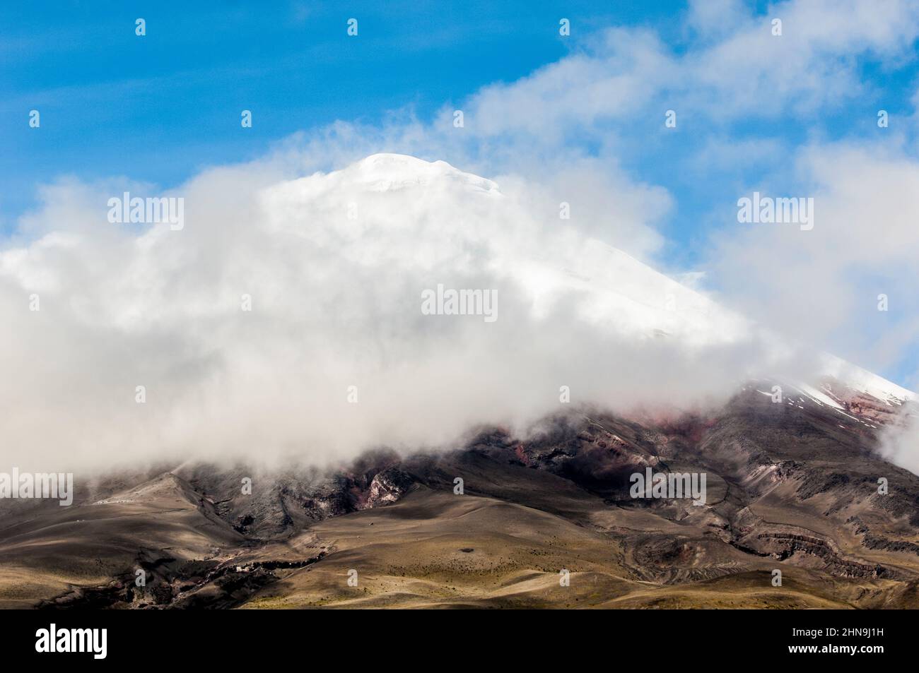 Vista sul vulcano Cotopaxi in una mattinata di sole nel Parco Nazionale Cotopaxi, Ecuador Foto Stock