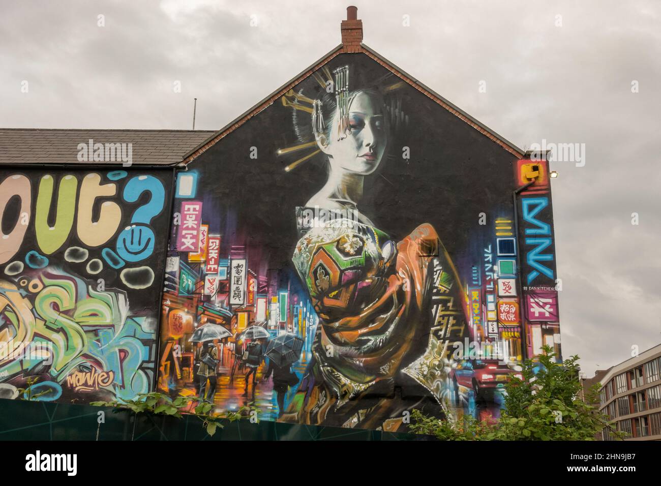 Street art di Dan Kitchener (Dank), nella vecchia area portuale di Kingston upon Hull, East Riding of Yorkshire, Regno Unito. Foto Stock