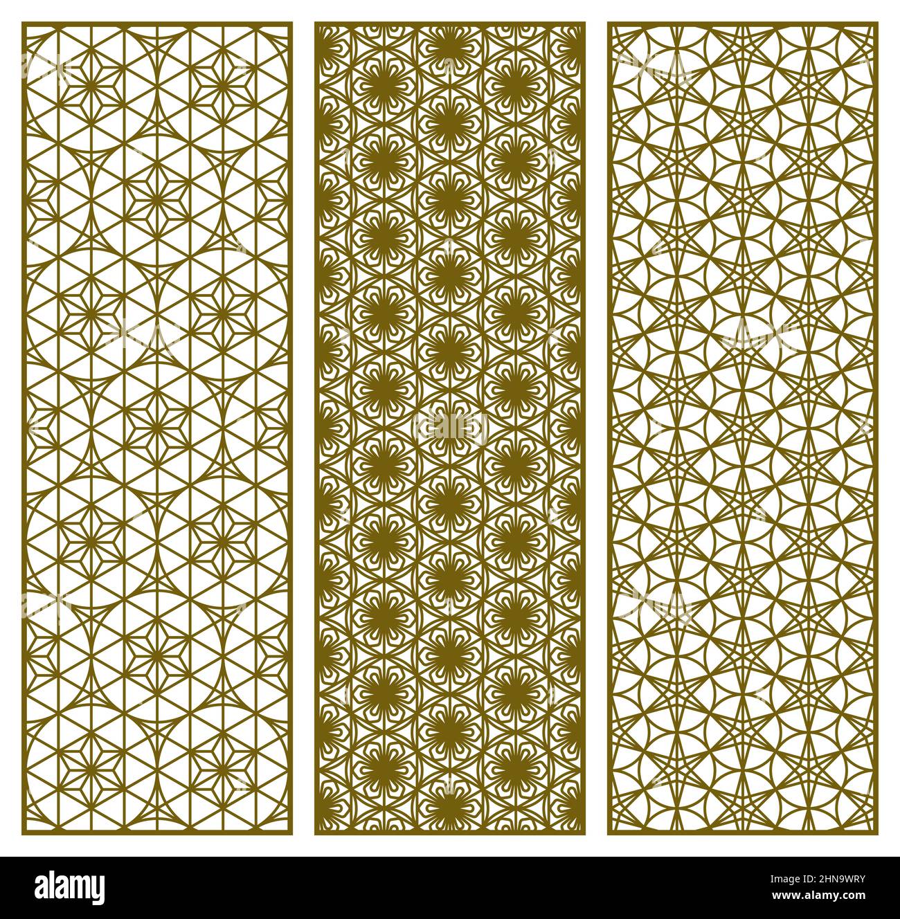 Un insieme di tre modelli nei pannelli geometrici giapponesi in stile Kumiko con motivi basati su un reticolo esagonale. Il rapporto è 3x1. Per metallo, legno, Illustrazione Vettoriale