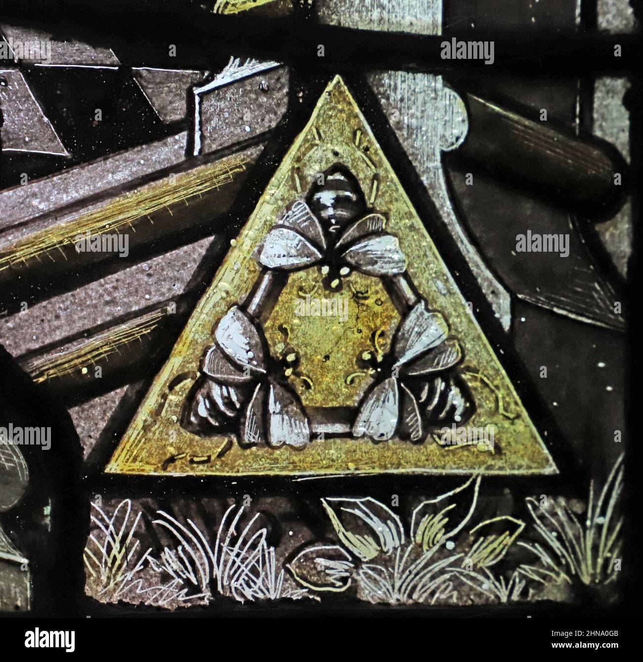 Vetrata di Percy Bacon & Brothers, The Studio's Rebus, St Thomas of Canterbury Church, Greatford, Lincolnshire Foto Stock