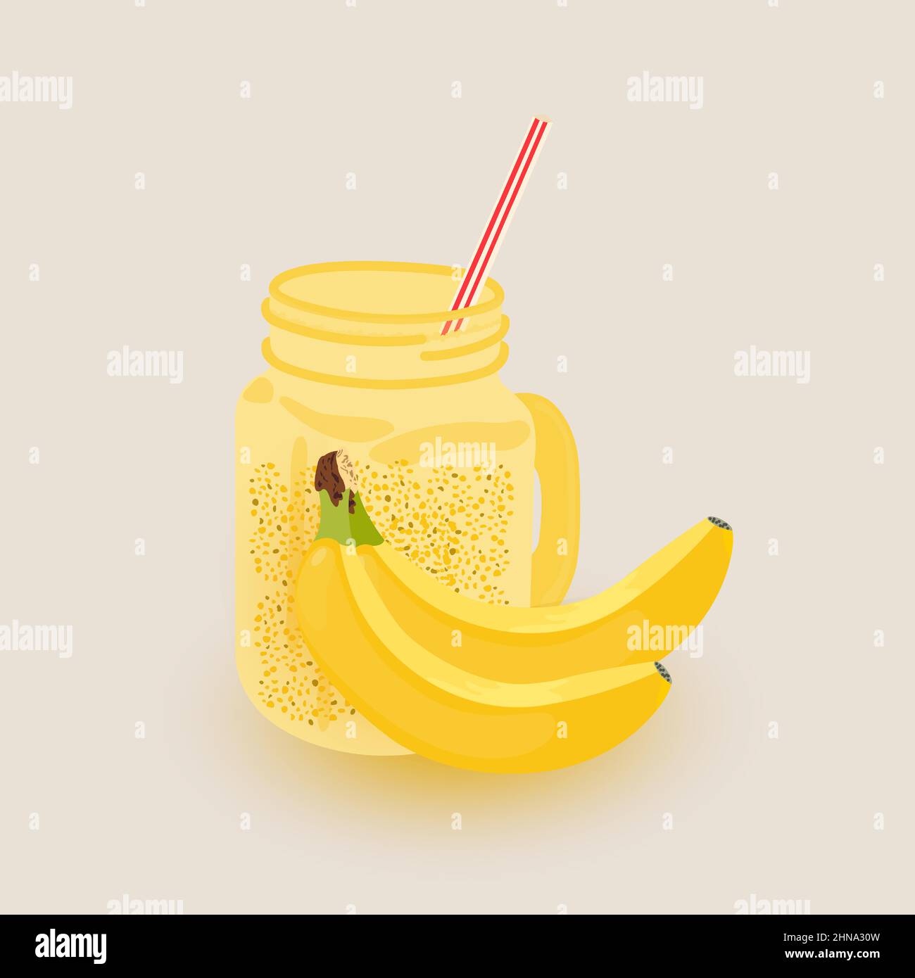 Vaso in vetro frullato banana su sfondo giallo. Banana drink. Cibo vegano biologico sano. Nutrizione organica naturale. Succo di frutta. Illustrazione vettoriale. Illustrazione Vettoriale