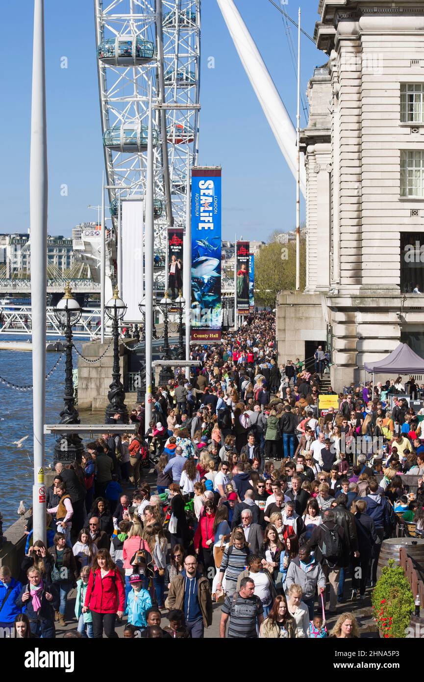 La folla al London Eye, attrazione turistica della ruota grande, South Bank, Londra, Regno Unito. 15 Apr 2014 Foto Stock