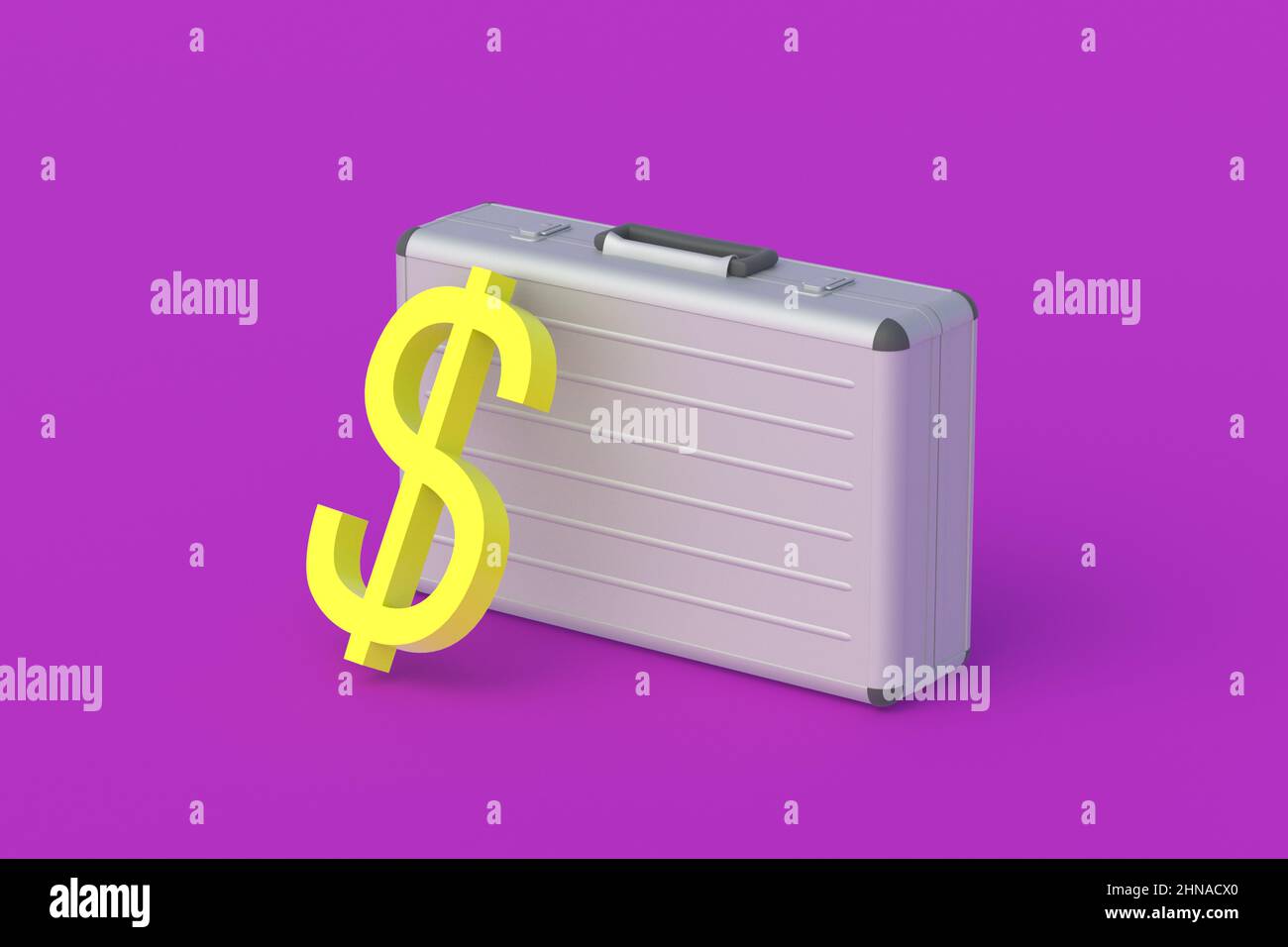 Simbolo del dollaro vicino alla valigia di metallo. Il bilancio statale. Corruzione nel governo. Aiuto sociale. Pagamento delle tasse. Bonifici bancari. Premio in denaro. Penne Foto Stock