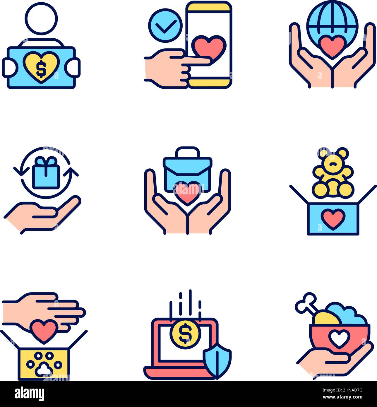 Donare a più beneficenza pixel perfetto RGB colore icone set Illustrazione Vettoriale