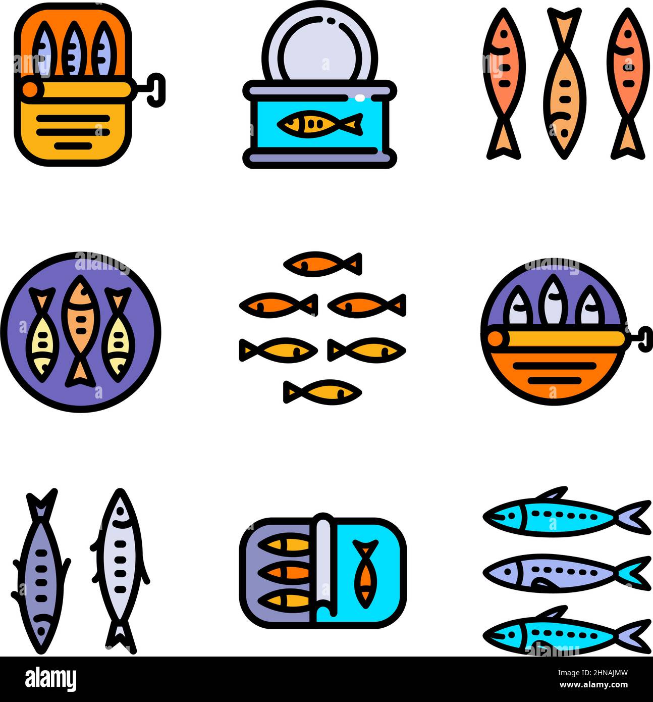 Le icone sardine impostano il vettore colorato. Icone piatti Portogallo. Vector portoghese nazionale alimentare, prodotti ittici imballaggio. Acciuga inscatolata in olio, iwasi Illustrazione Vettoriale