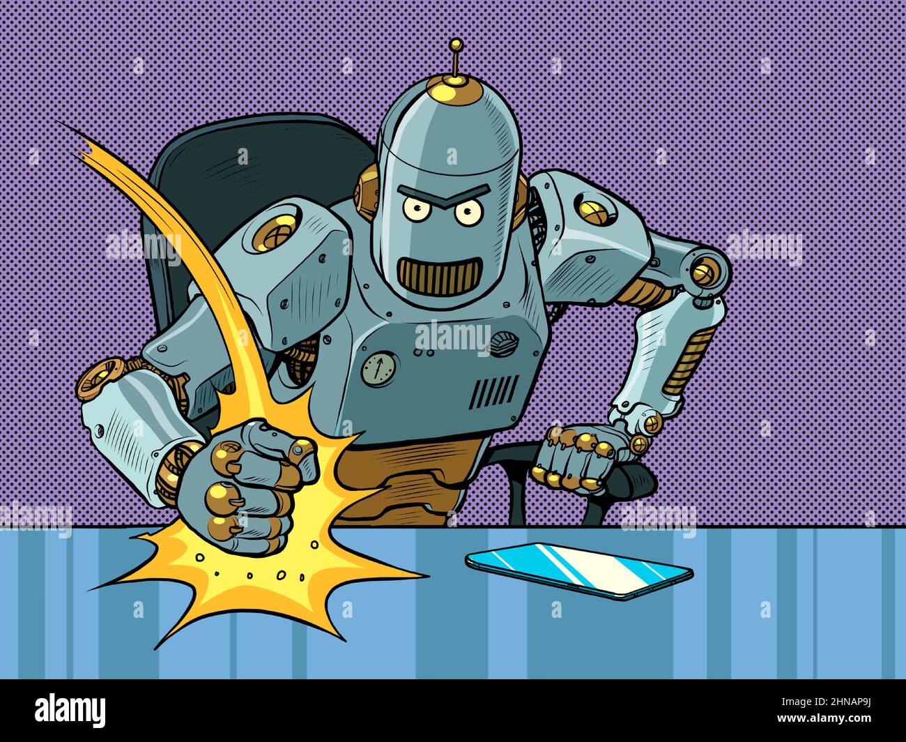 Il male boss robot colpisce il tavolo con il pugno. Emozioni in ufficio. Boss arrabbiato Illustrazione Vettoriale