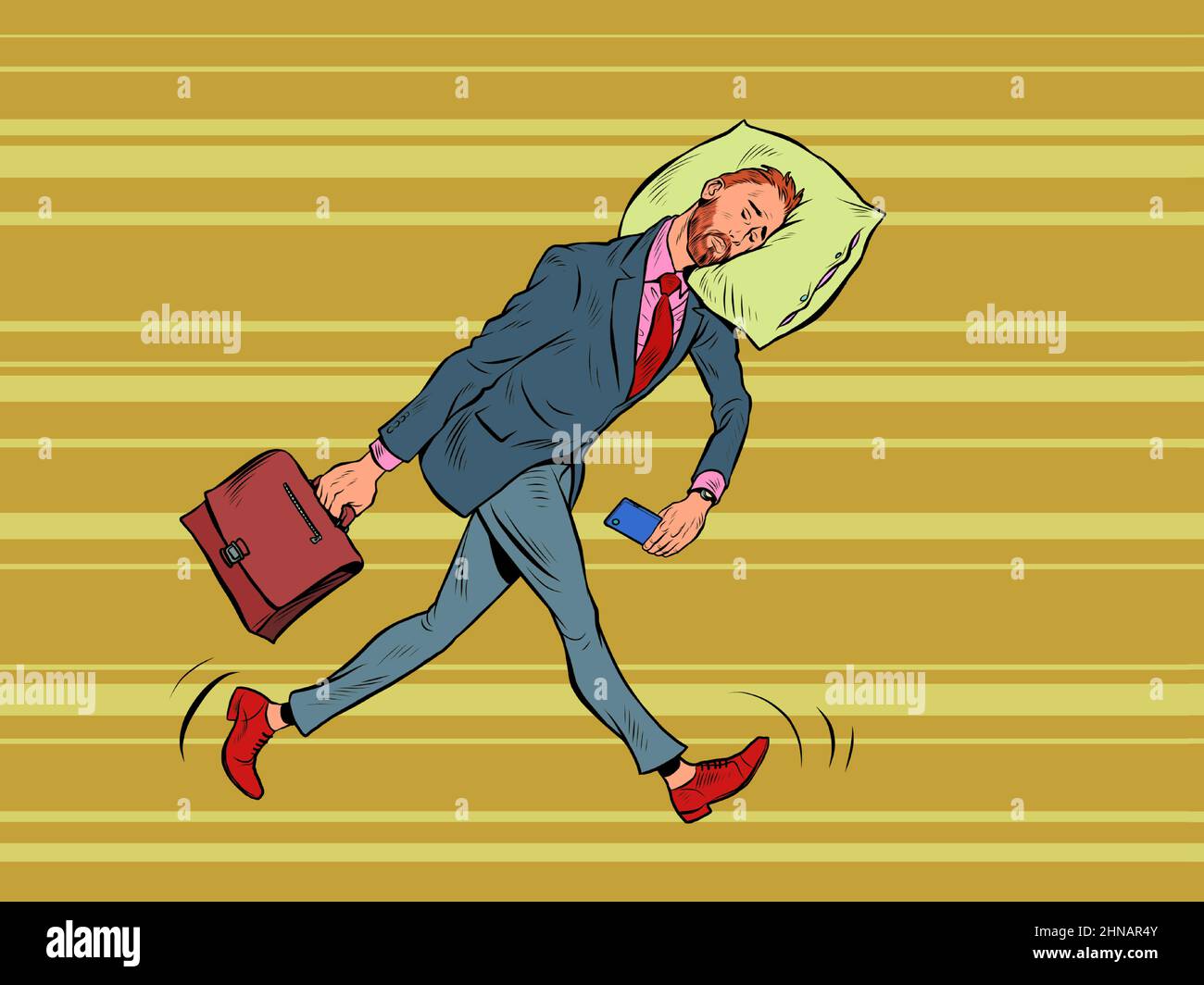 Un uomo d'affari stanco dorme in movimento. Va al lavoro la mattina con la testa su un cuscino Illustrazione Vettoriale