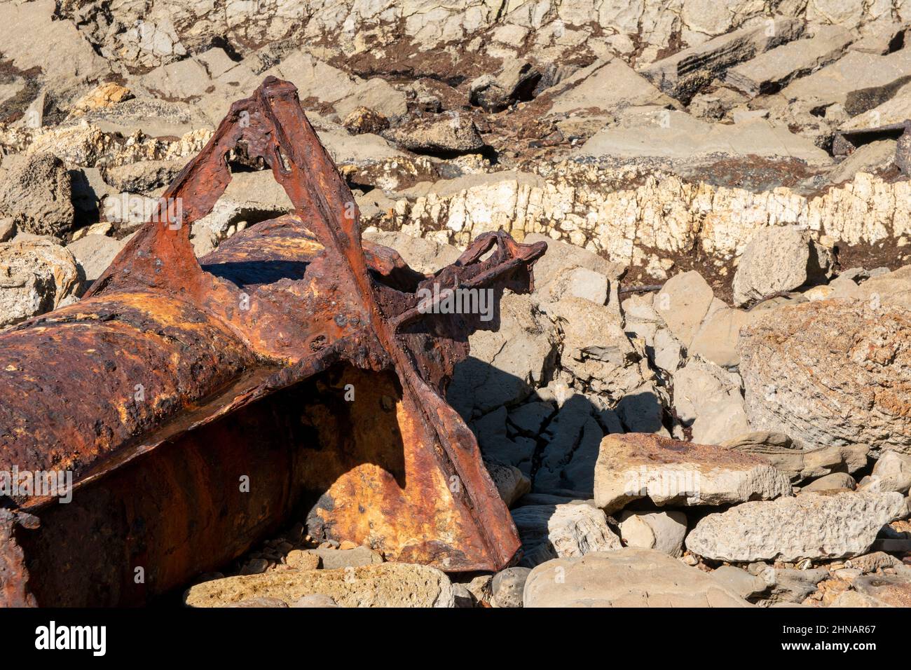 La SS Dominator corse a riva nel 1961 vicino a Rancho Palos Verdes nella California meridionale e da allora è arrugginita. Foto Stock