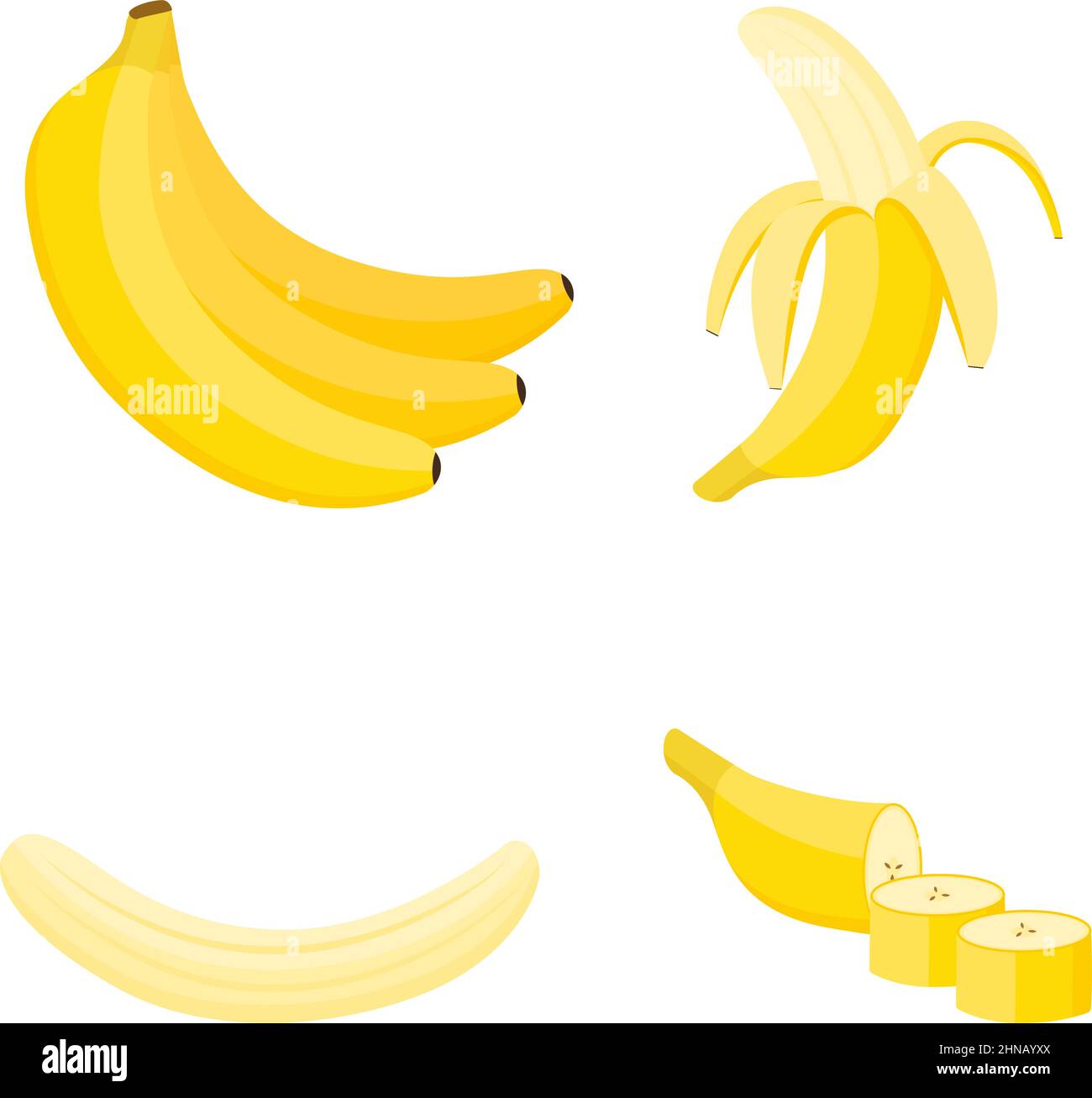 Banana, frutta intera, metà e fette, illustrazione vettoriale Illustrazione Vettoriale