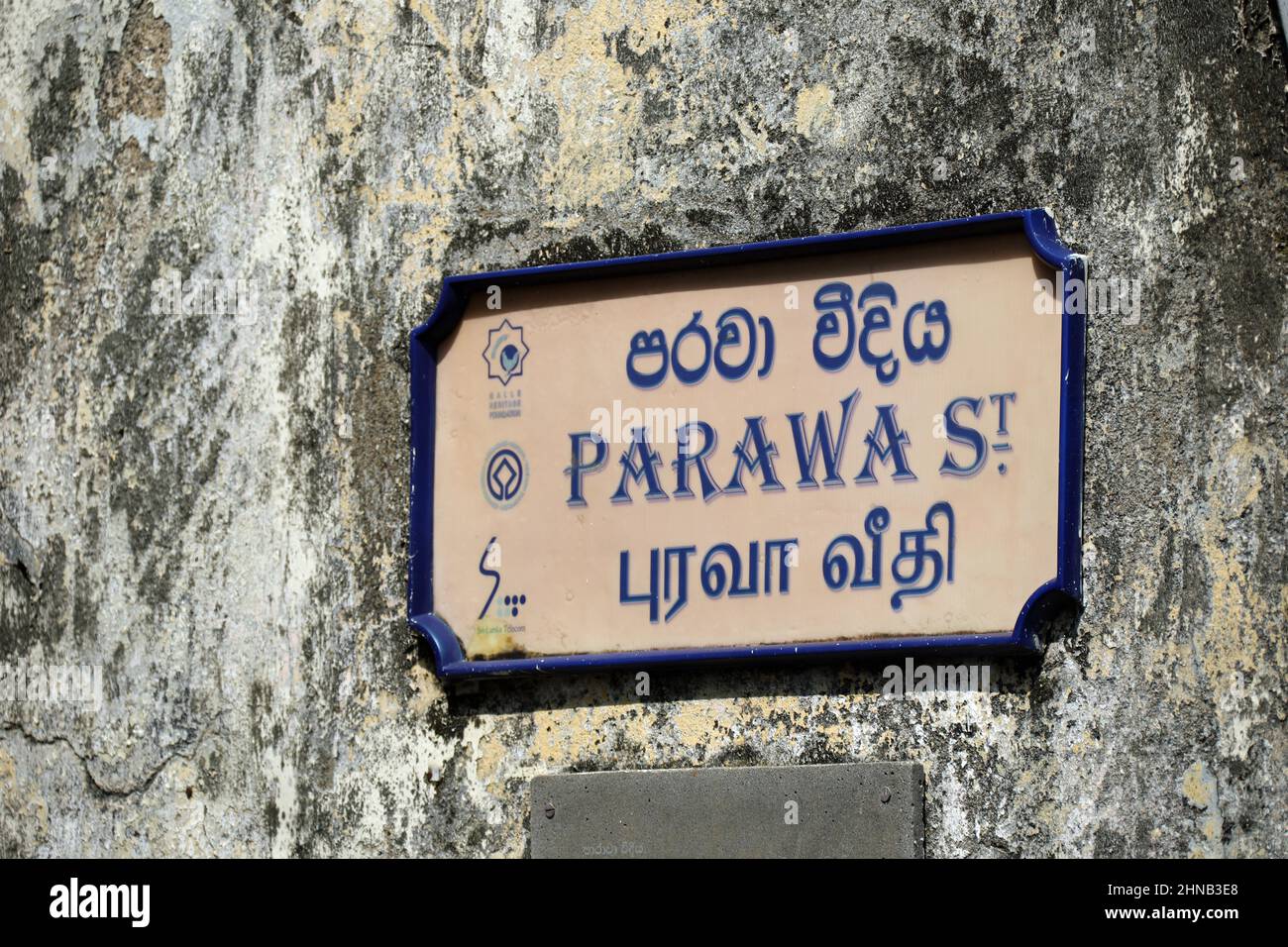 Cartello Parawa Street a Galle Fort in Sri Lanka Foto Stock