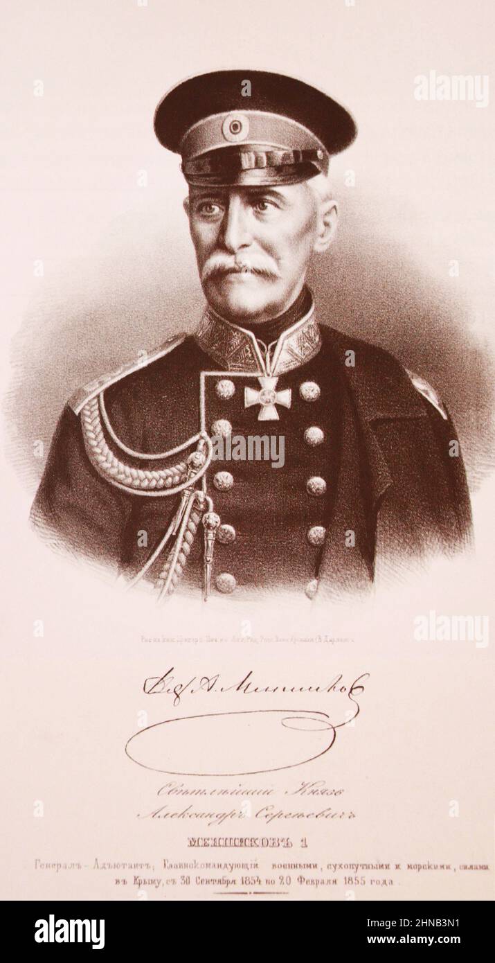 Comandante delle forze militari, terrestri e marittime della Crimea, generale dell'Adjutant Alexander Sergeevich Menshikov. Incisione del 19th secolo. Foto Stock
