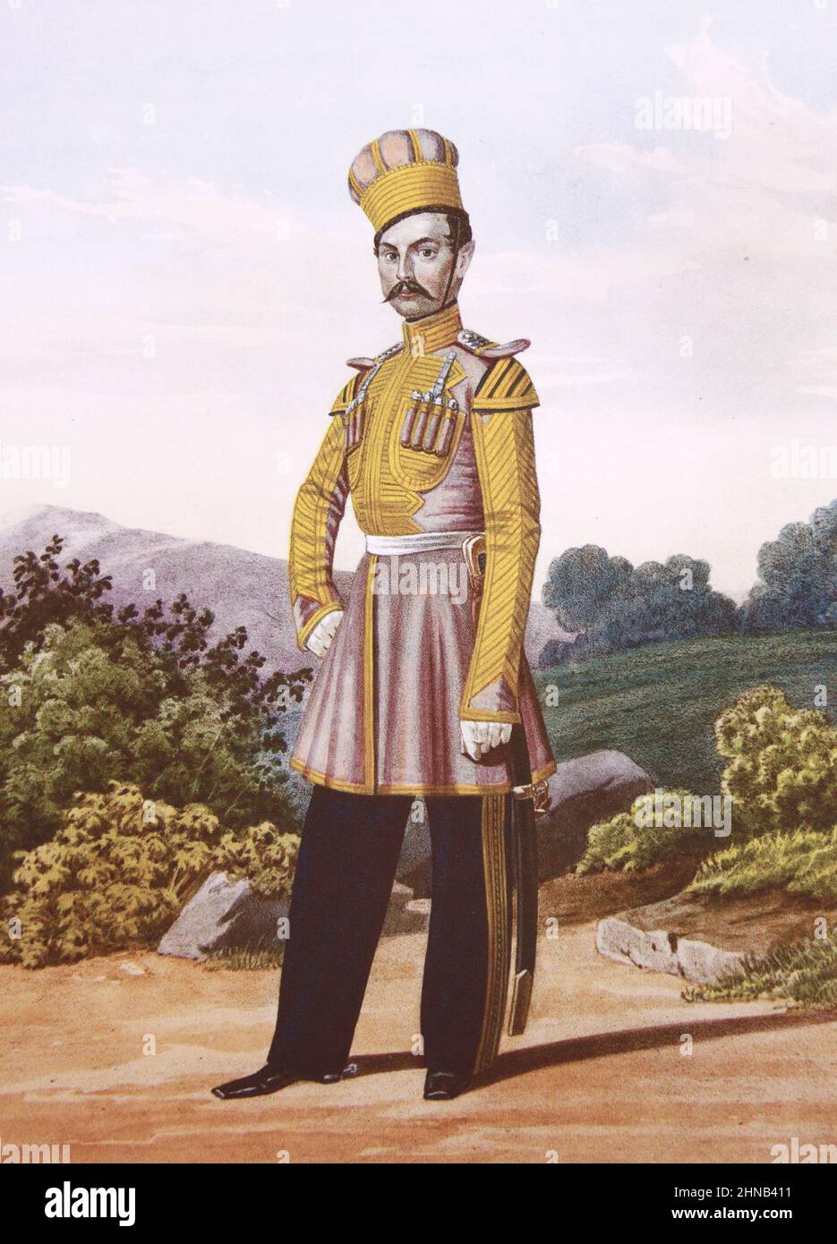 Trombettista delle guardie di vita dello squadrone dei Tatar Crimea nel 1845-1855. Litografia del 19th secolo. Foto Stock