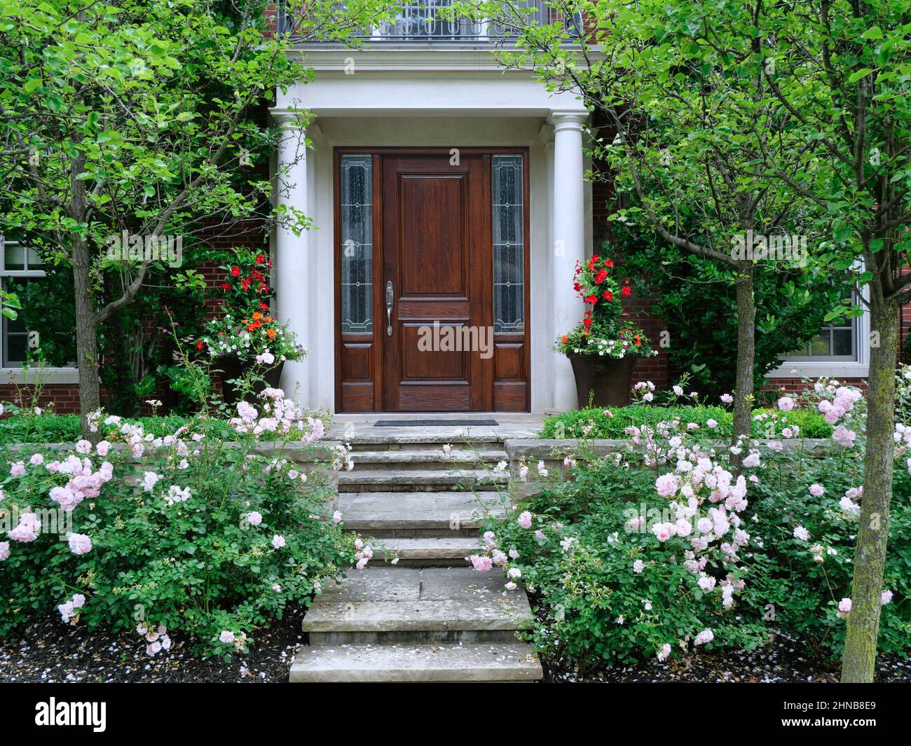 Casa e giardino con cespugli di rose e scalini in pietra che conducono all'elegante porta anteriore in grano di legno Foto Stock