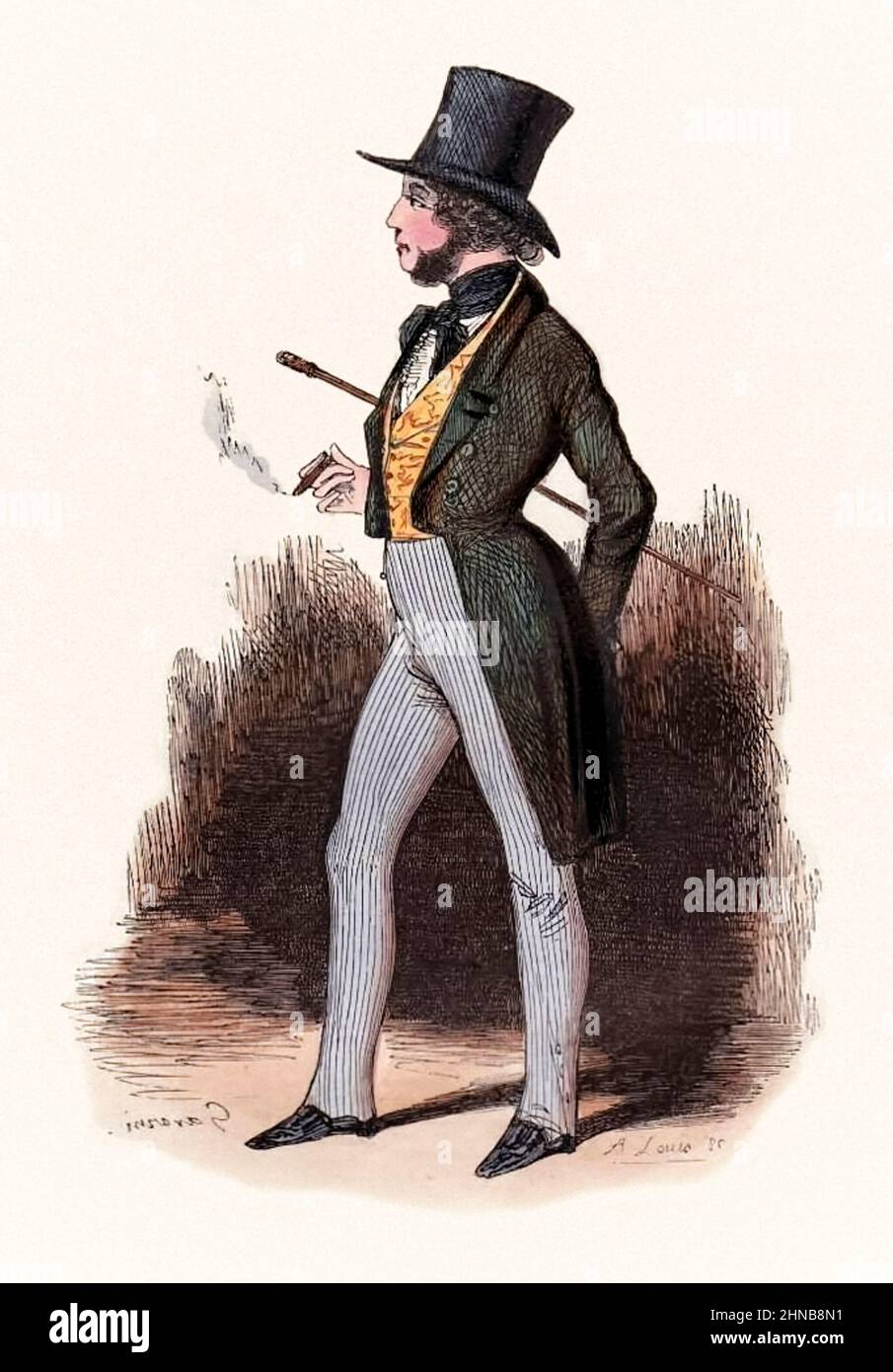 Illustrazione di "le Sportsman Parisien" di Rodolphe d'Ornano (1861-1865) di Paul Gavarni (1804-1866). Fotografia di un'incisione originale a mano colorata pubblicata nel 1840. Foto Stock