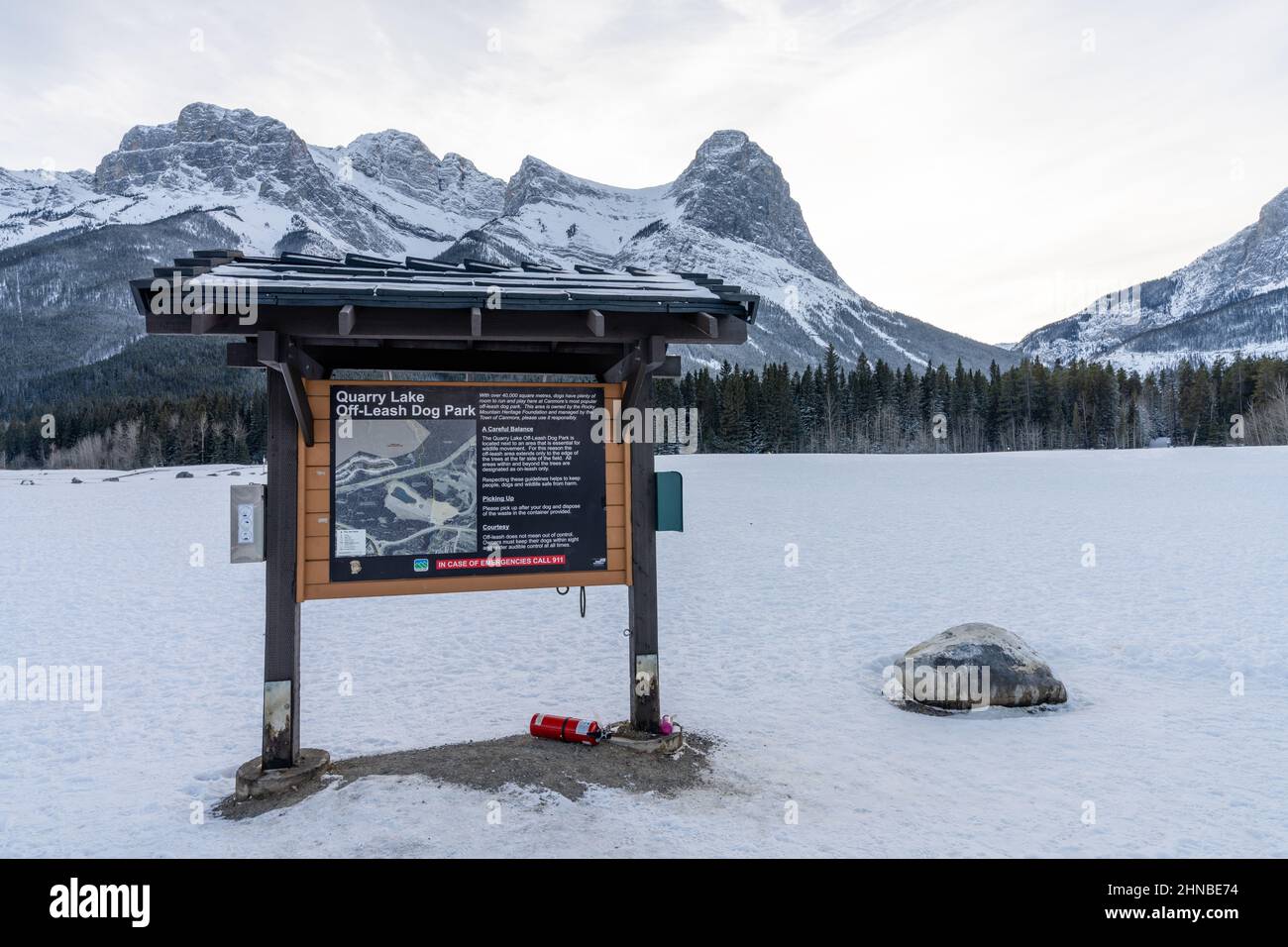 Canmore, Alberta, Canada - Gennaio 19 2022 : Quarry Lake Off-Leash Dog Park in inverno. Foto Stock