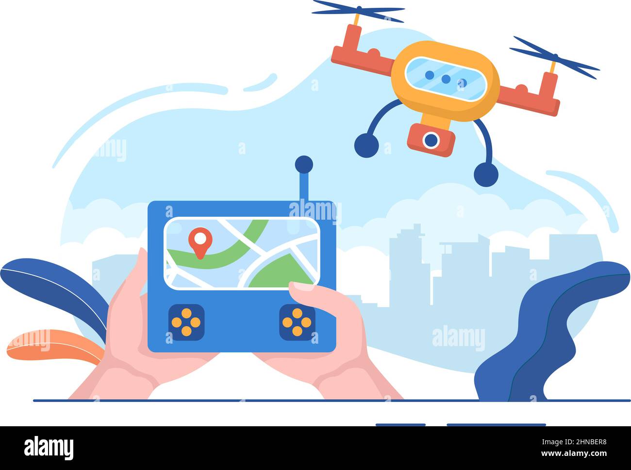 Drone con telecomando della fotocamera pilotato Flying Over to scatting Photography and Video Recording in Flat Cartoon illustrazione di sfondo Illustrazione Vettoriale