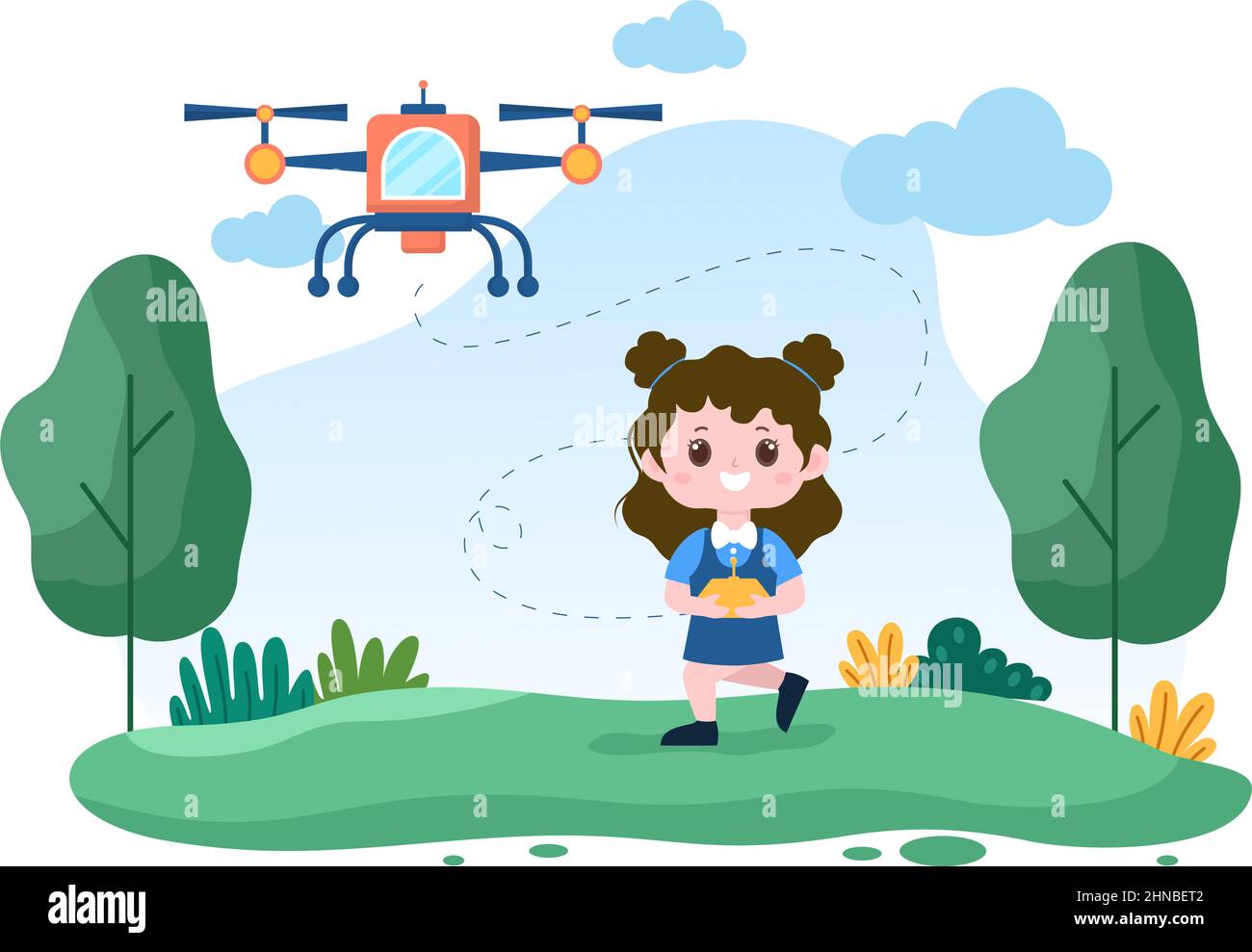 Drone con telecomando della fotocamera pilotato Flying Over to scatting Photography and Video Recording in Flat Cartoon illustrazione di sfondo Illustrazione Vettoriale