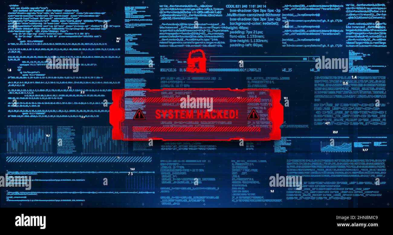 Hacking del sistema con messaggio informativo. Sfondo con un codice Illustrazione Vettoriale