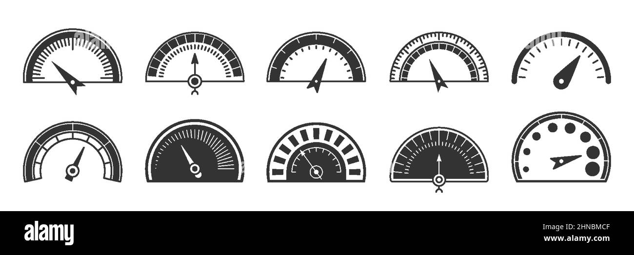 Set di glifi neri cruscotto indicatore tachimetro. Simbolo di guida della scala di carico della velocità di misurazione dell'icona di trasporto. Traffico online scaricare potere progresso tecnologia internet traffico misurare bianco isolato Illustrazione Vettoriale