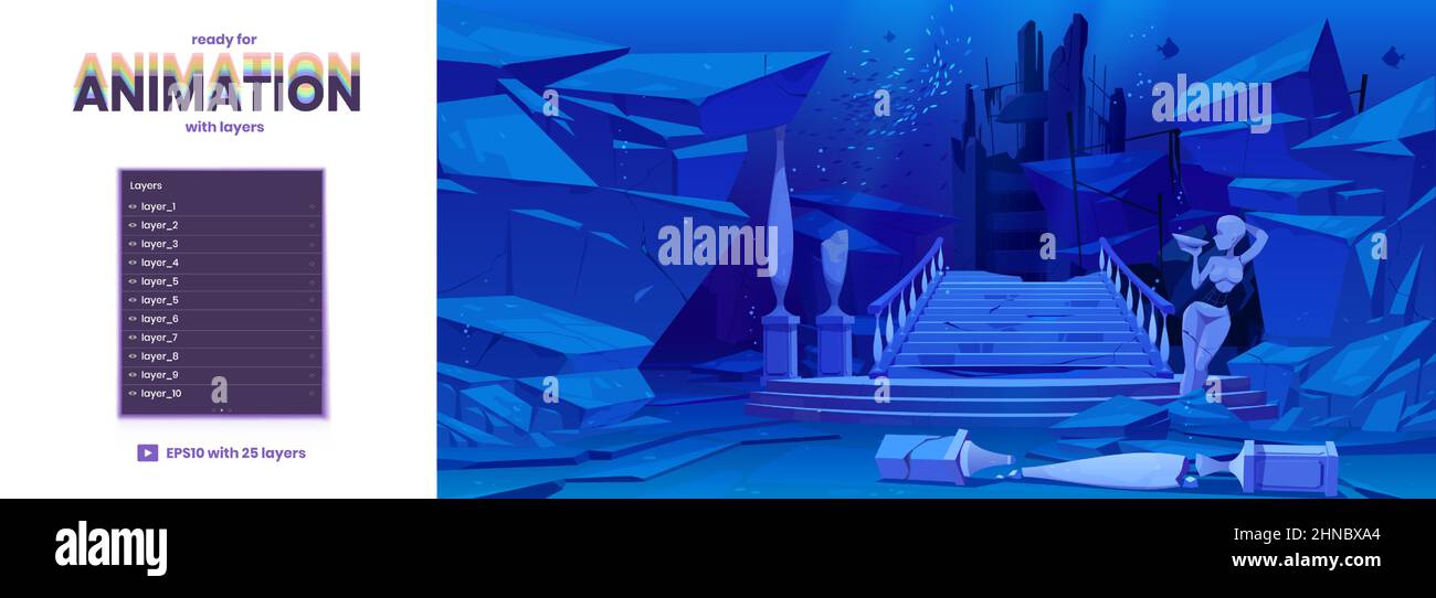 Antiche rovine sul pavimento del mare. Vecchia architettura con colonne rotte, statua e scale affondate sotto l'acqua nell'oceano. Vettore parallasse sfondo pronto per 2D animazione cartoon subacqueo paesaggio Illustrazione Vettoriale
