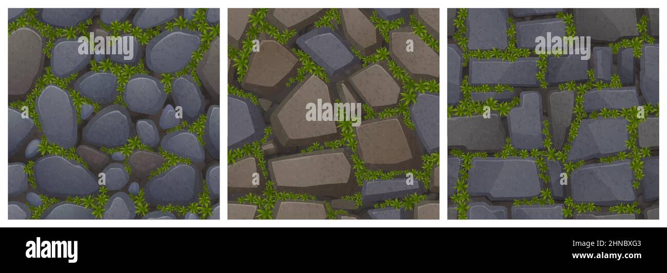 Texture di pavimento e parete di pietra con muschio verde per sfondo di gioco. Vettoriale cartoni animati disegni senza giunture di vista dall'alto di marciapiedi con erba tra ciottoli e blocchi di granito Illustrazione Vettoriale