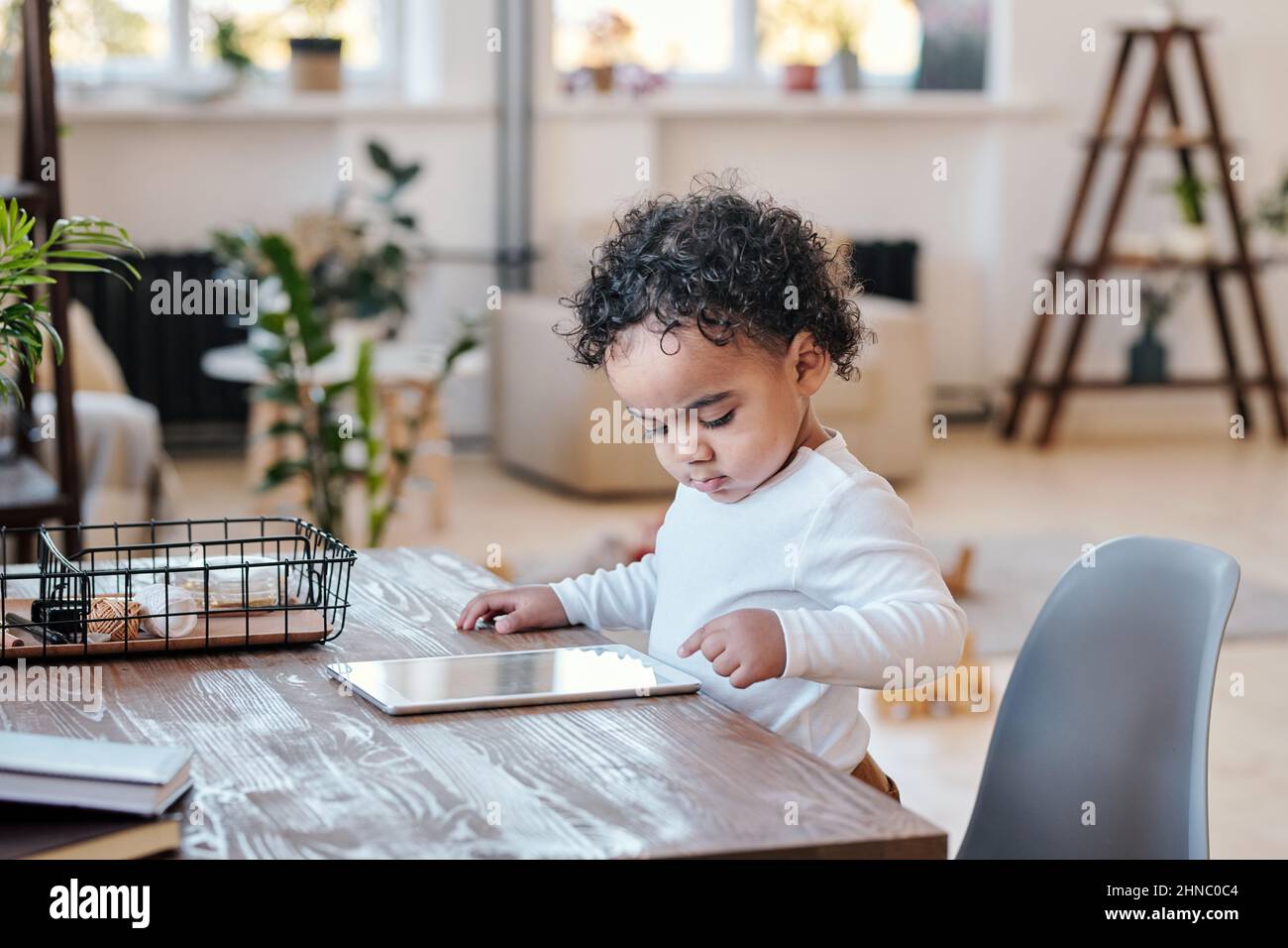 Toddler da corsa misto moderno concentrato con capelli ricci in piedi alla scrivania e utilizzando il tablet in salotto Foto Stock