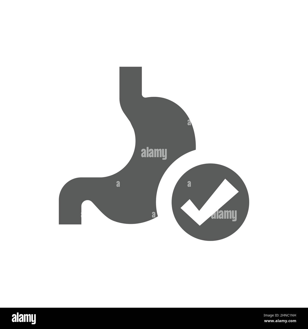 Stomaco e segno di spunta icona vettore nero. Digestione sana riempito simbolo con ok. Illustrazione Vettoriale