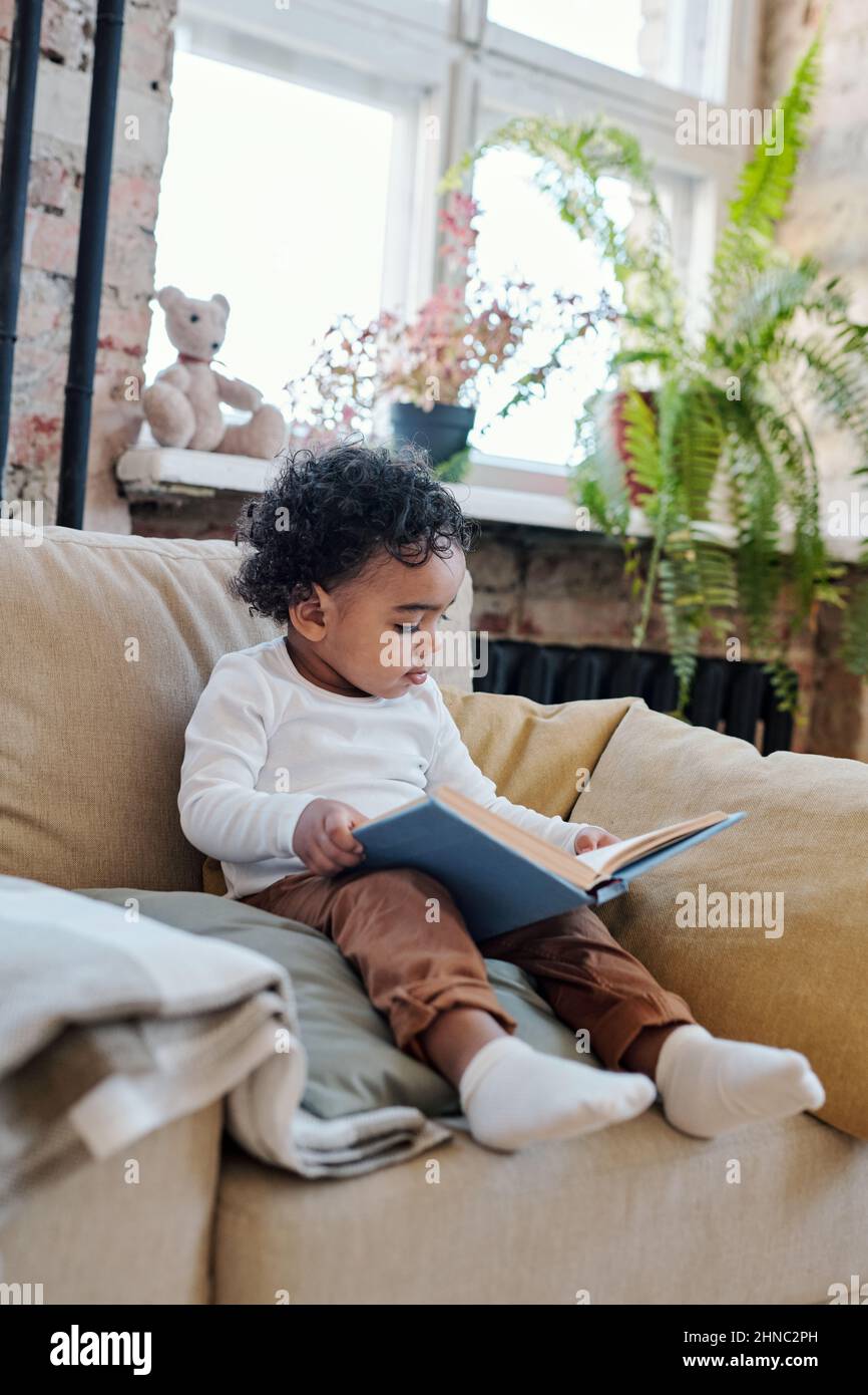 Concentrato curioso afroamericano toddler seduta con libro in poltrona e lettura in soggiorno Foto Stock