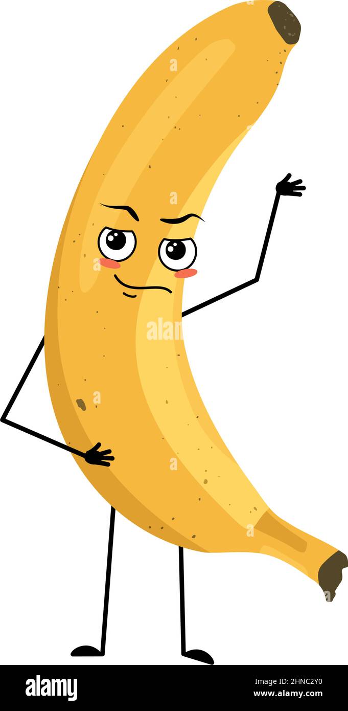 Banana personaggio con emozioni di eroe, volto coraggioso, braccia e gambe. Persona con espressione di coraggio, emoticon di frutta. Illustrazione piatta vettoriale Illustrazione Vettoriale