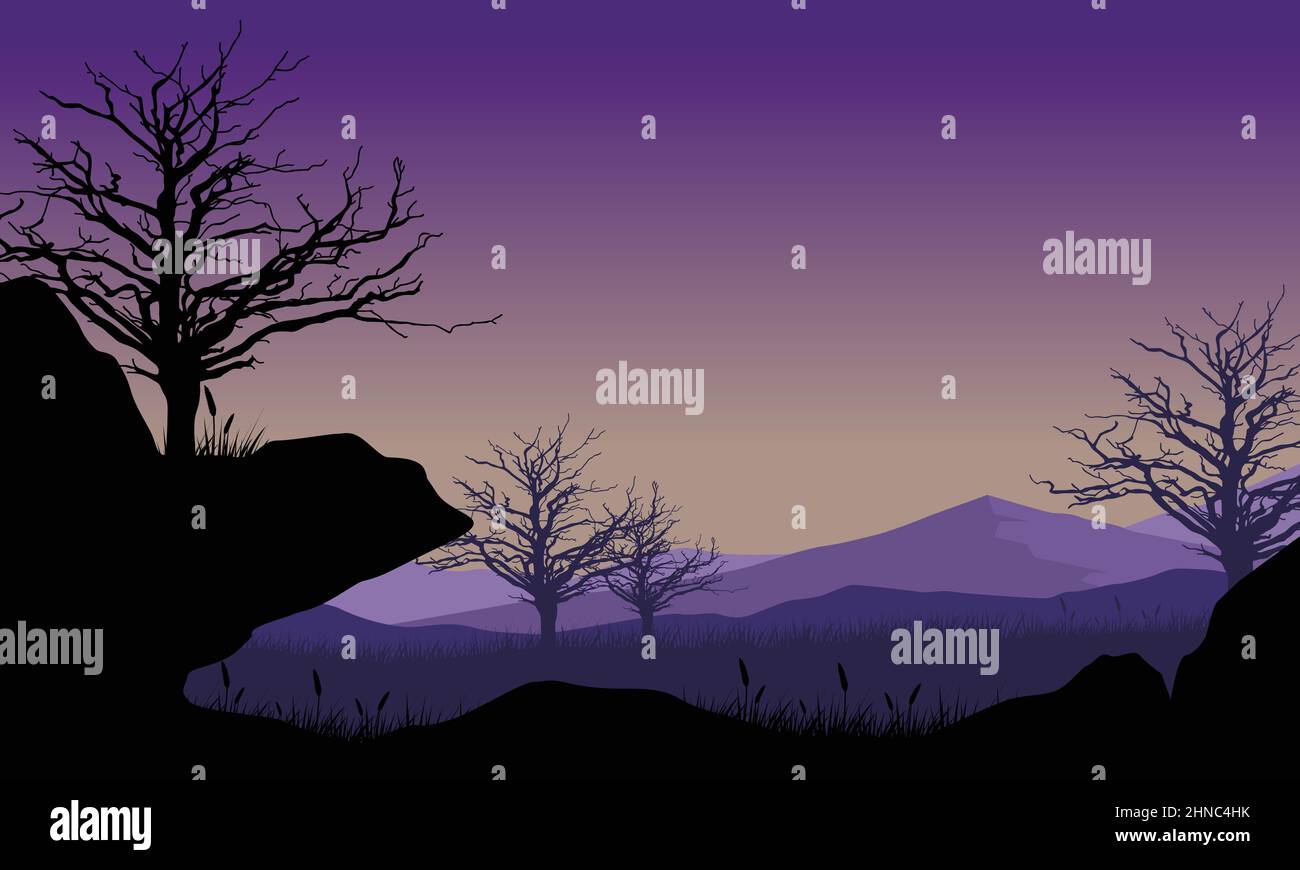 Vista realistica della foresta e delle montagne dal bordo della scogliera Illustrazione Vettoriale